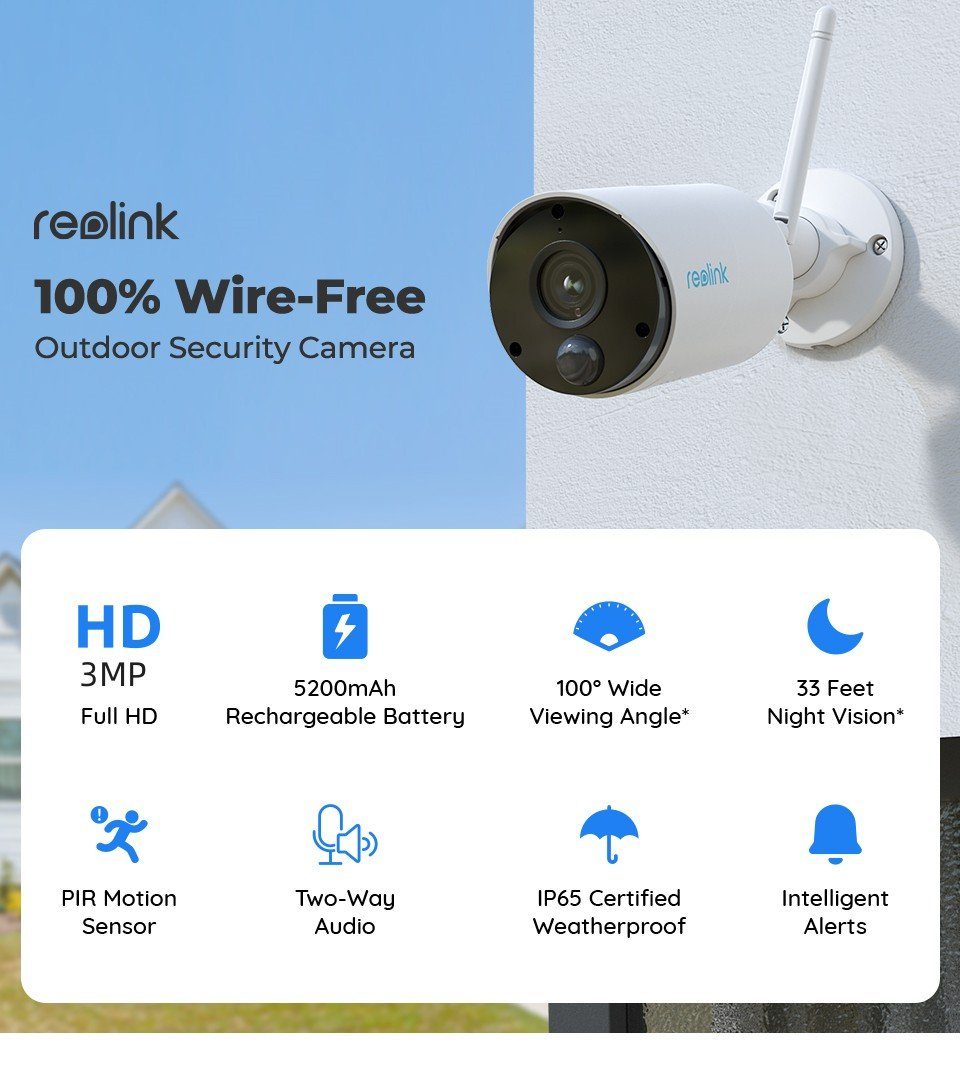 Reolink Überwachungskamera Argus Eco+Solarpanel 3MP Akku- oder solarbetriebene WLAN IP (Außenbereich, Personen-/Autoerkennung, IR-Nachtsicht)