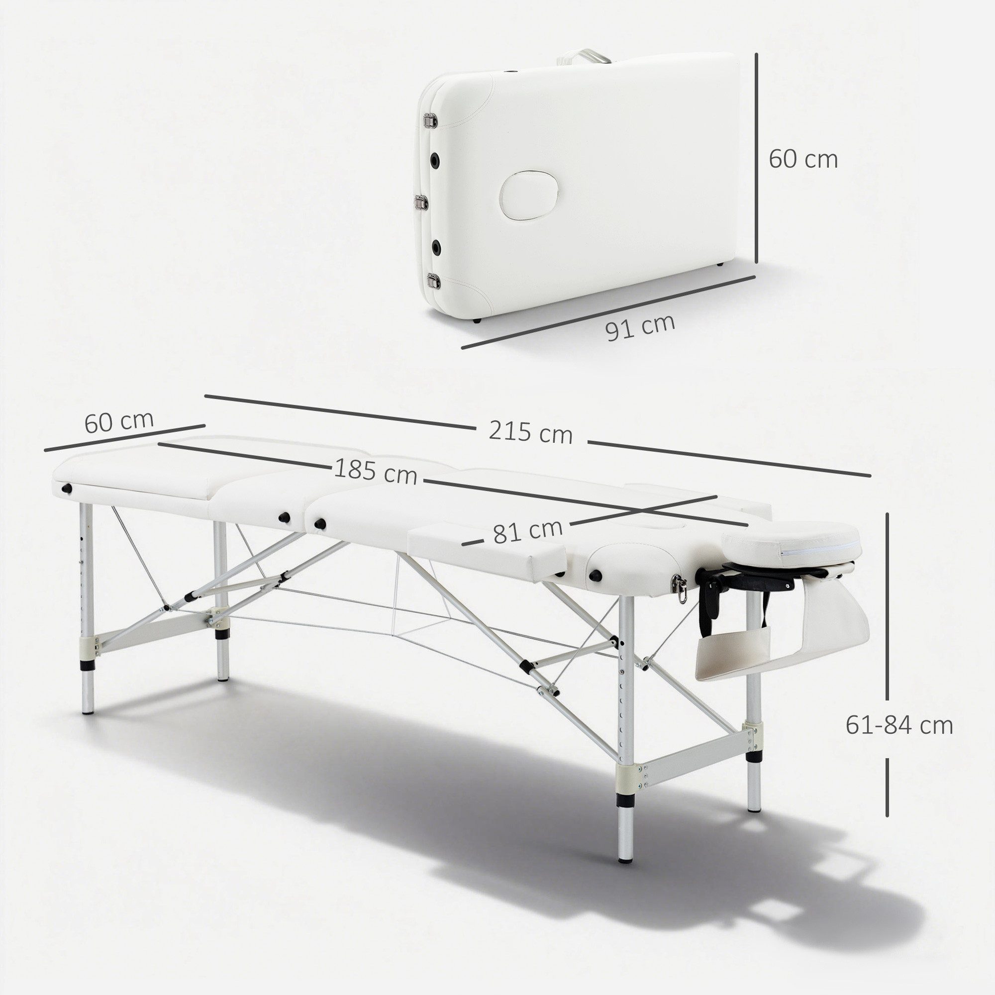 HOMCOM Massageliege klappbares Massagebett, Kunststoff, Alu (Massageliege, 1-St., Massagetisch), Weiß, 215 x 81 x 61-84 cm
