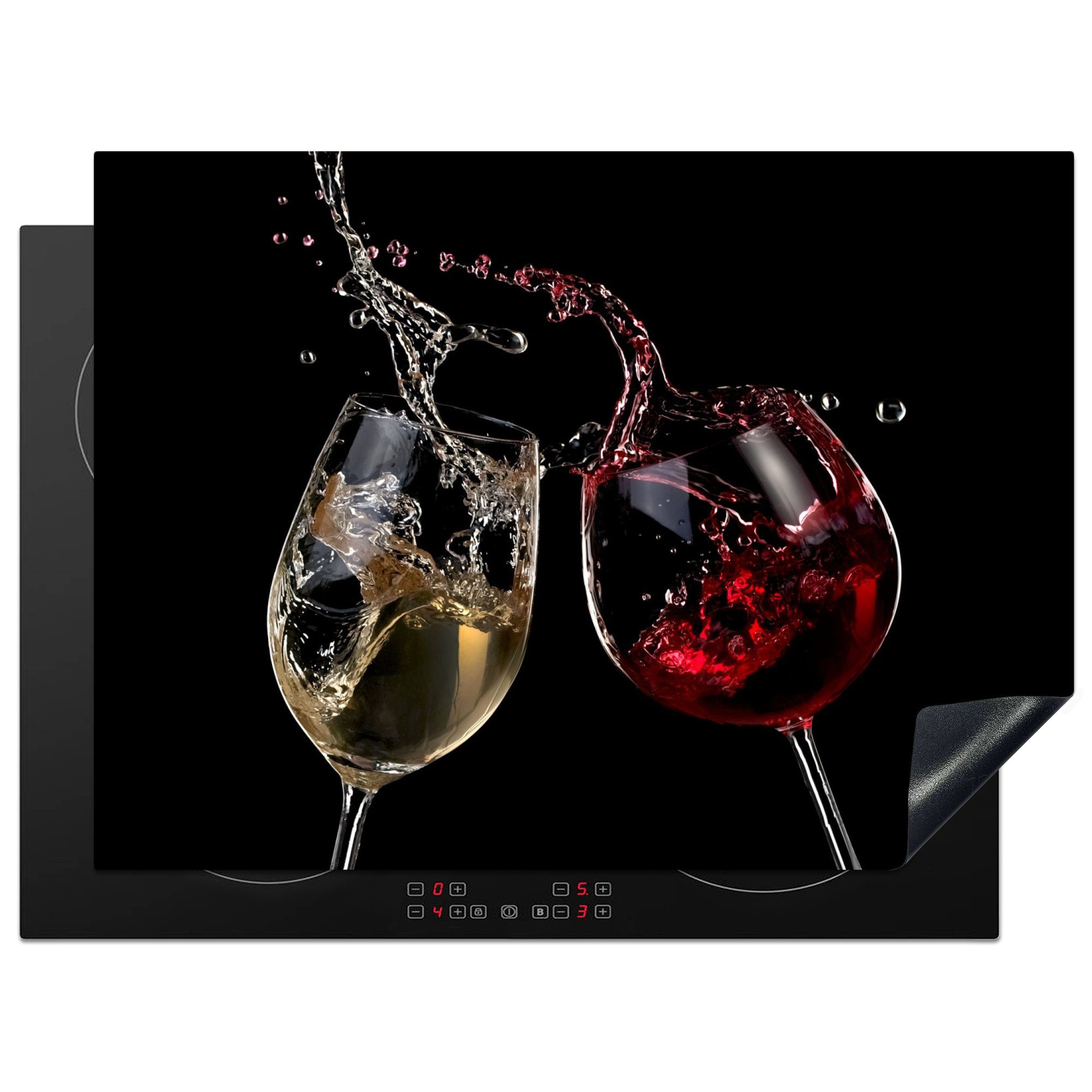 MuchoWow Herd-Abdeckplatte Rotwein - Weißwein - Glas - Schwarz, Vinyl, (1 tlg), Küche Herdabdeckung Ceranfeld Induktionsfeld Vinyl, 65x50 cm