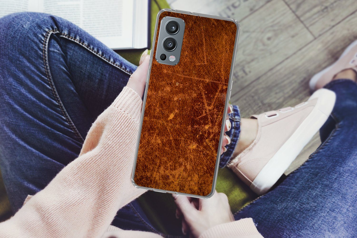 MuchoWow Handyhülle für OnePlus Nord 2 5G Leder - Lederoptik - Braun - Orange, Phone Case, Silikon, Schutzhülle Dünn
