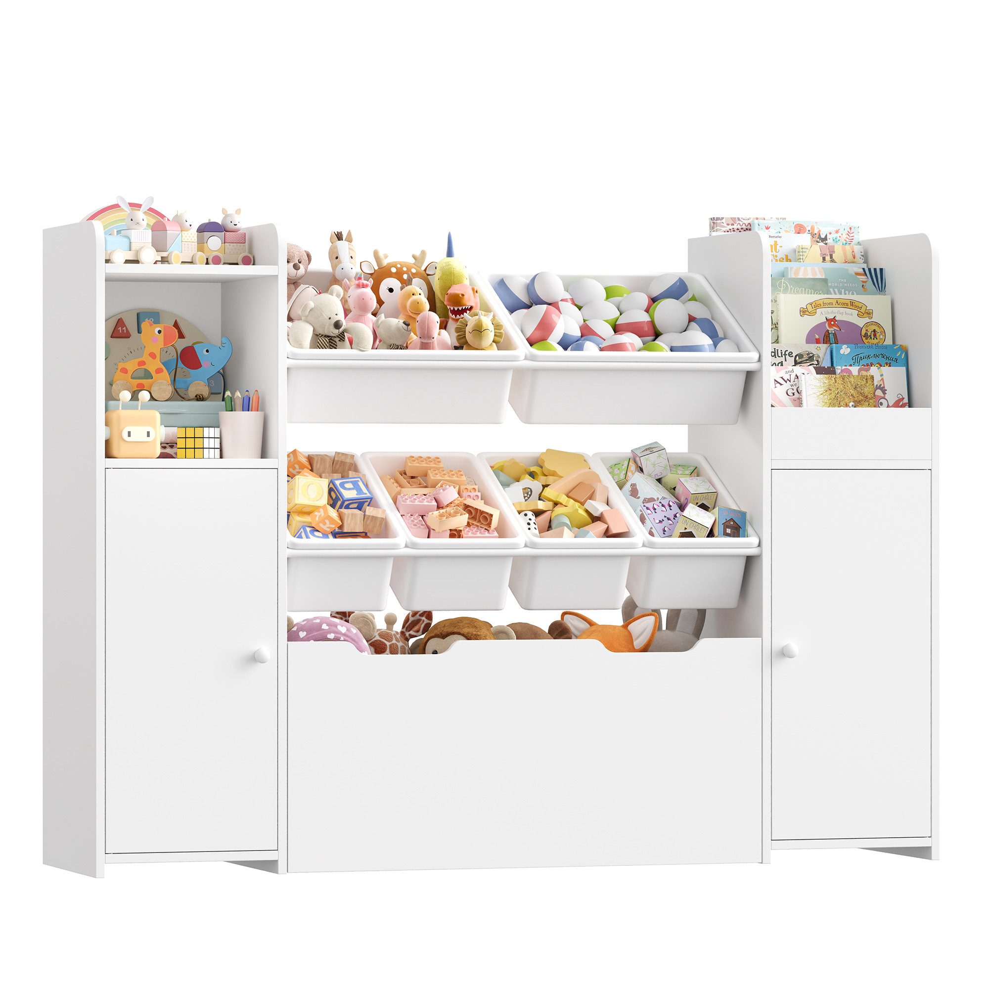Homfa Kinderregal Regal für Kinderzimmer mit Spielzeugkisten auf Rollen & Boxen, Bücherregal Spiegelregal 138x94x30 cm