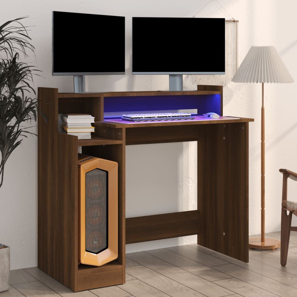 Braun Braune vidaXL | 97x45x90 Schreibtisch Eiche mit Eiche Holzwerkstoff Eiche-Optik Braune LEDs Schreibtisch