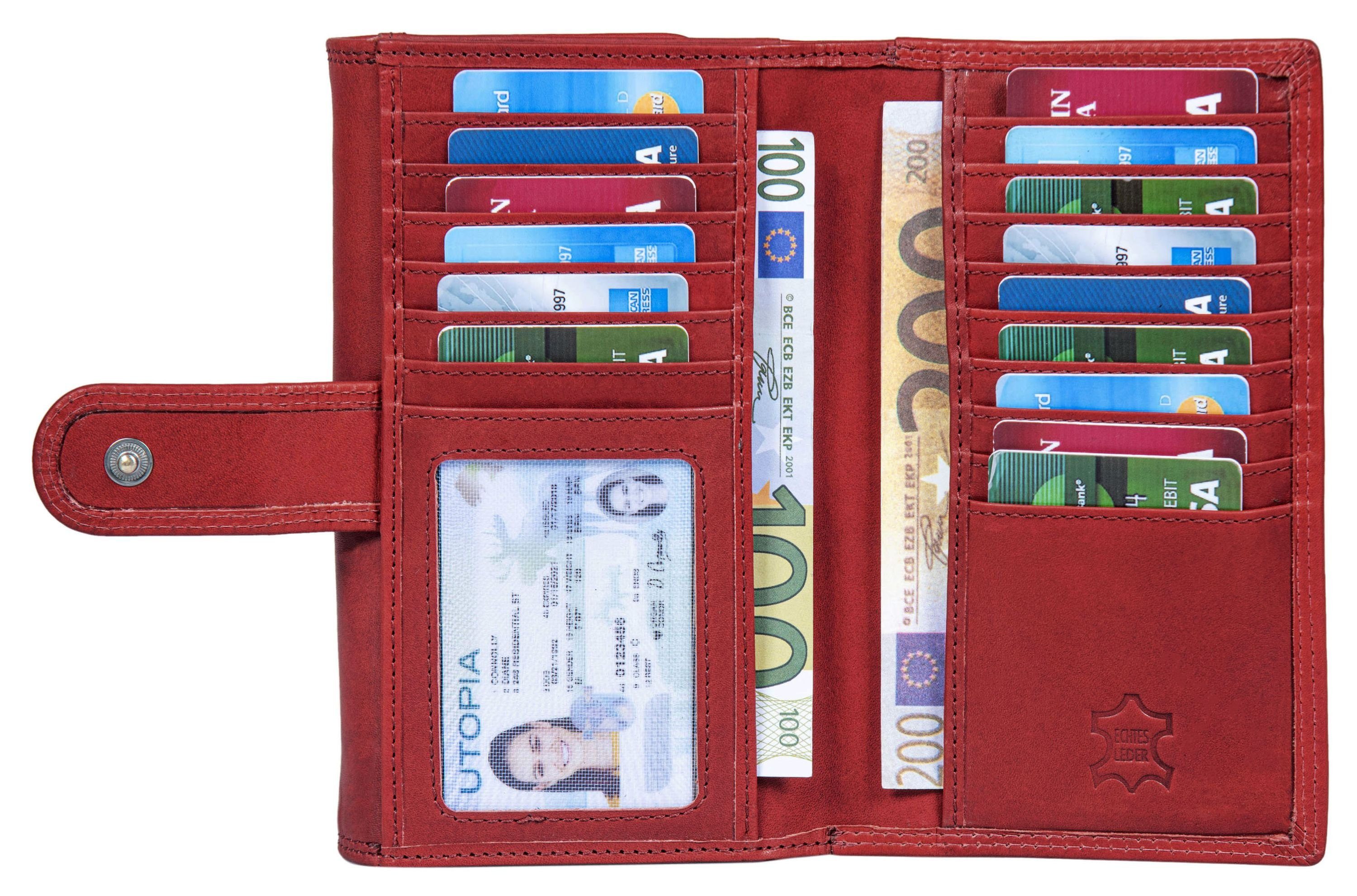 Benthill Geldbörse Damen Echt Rot Fächern mit vielen RFID-Schutz Groß RFID Münzfach Kartenfächer Portemonnaie Lang, Reißverschlussfach Leder
