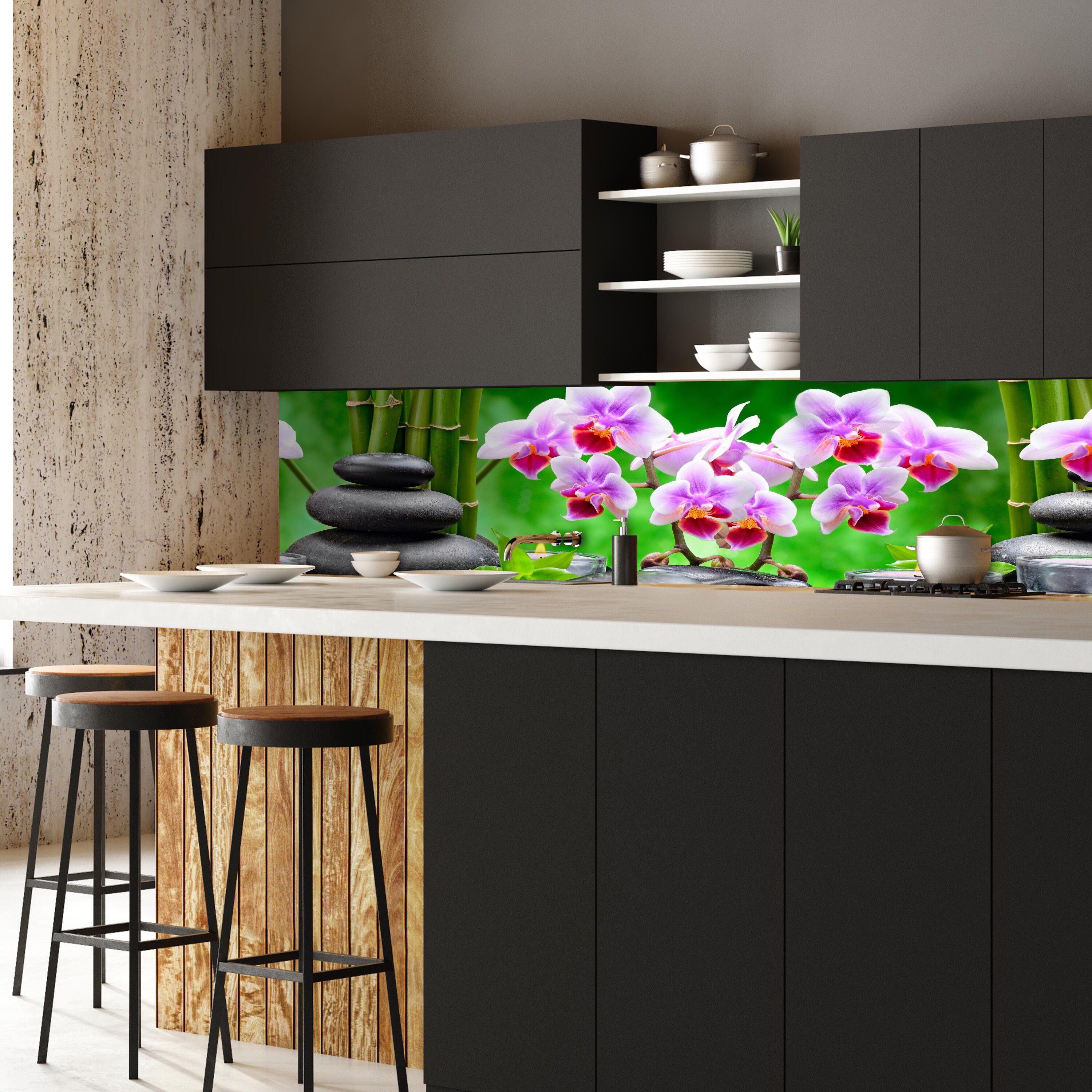 wandmotiv24 Küchenrückwand Steine schwarz orchidee (1-tlg), in Größen bambus Hartschaum versch. Premium kerzen, Nischenrückwand