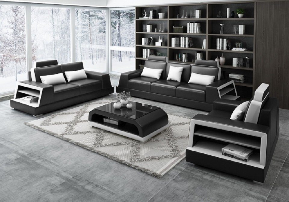 Design Sitzer Sofa Moderne, Leder Couchen JVmoebel Europe Sofagarnitur 3+3 Sofas Made Polster Schwarz/Weiß in