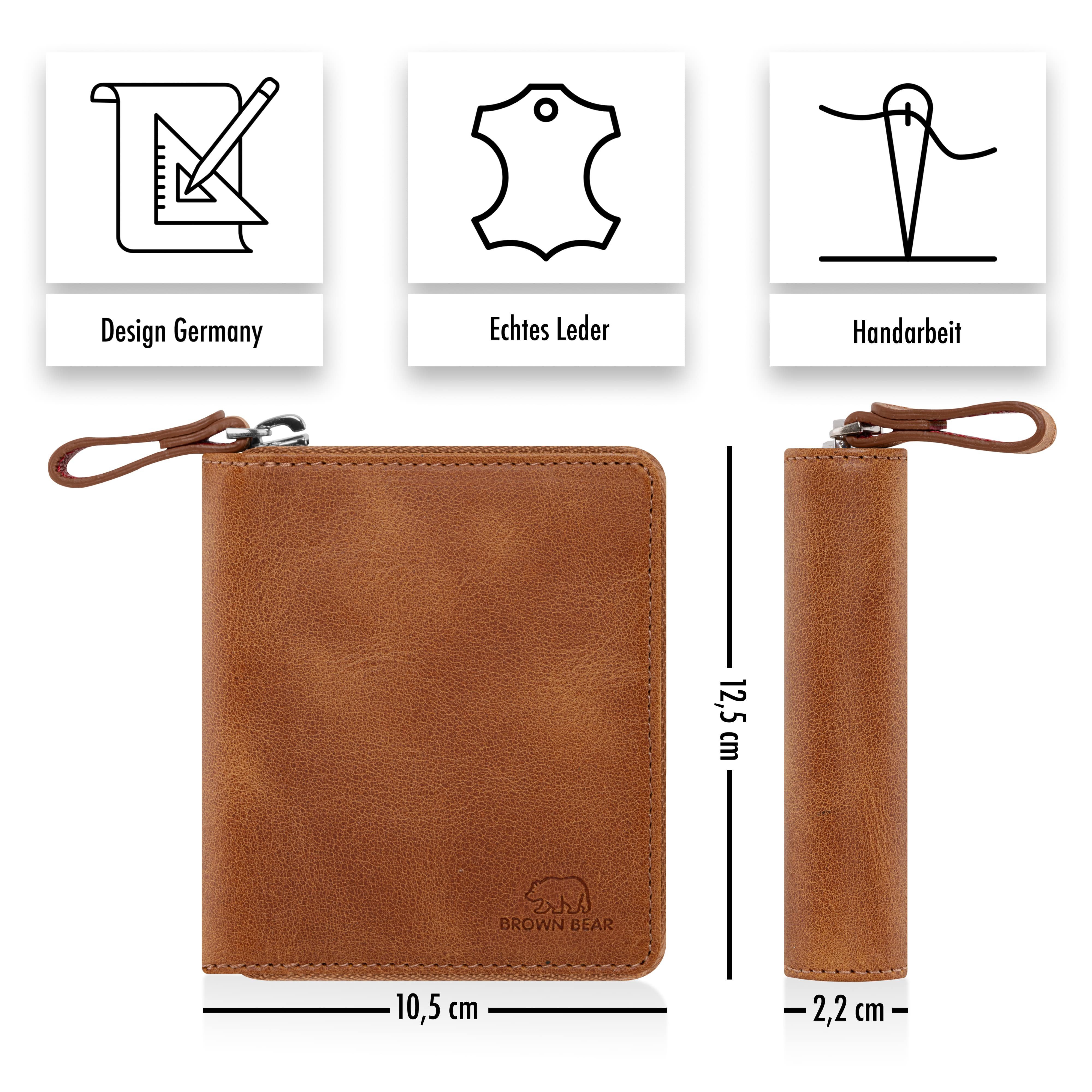 Brown Bear Geldbörse Classic 8009 mit umlaufenderm Reißverschluss aus Echtleder, mit 10 Kartenfächern und RFID-Schutz Farbe Cognac-Vintage