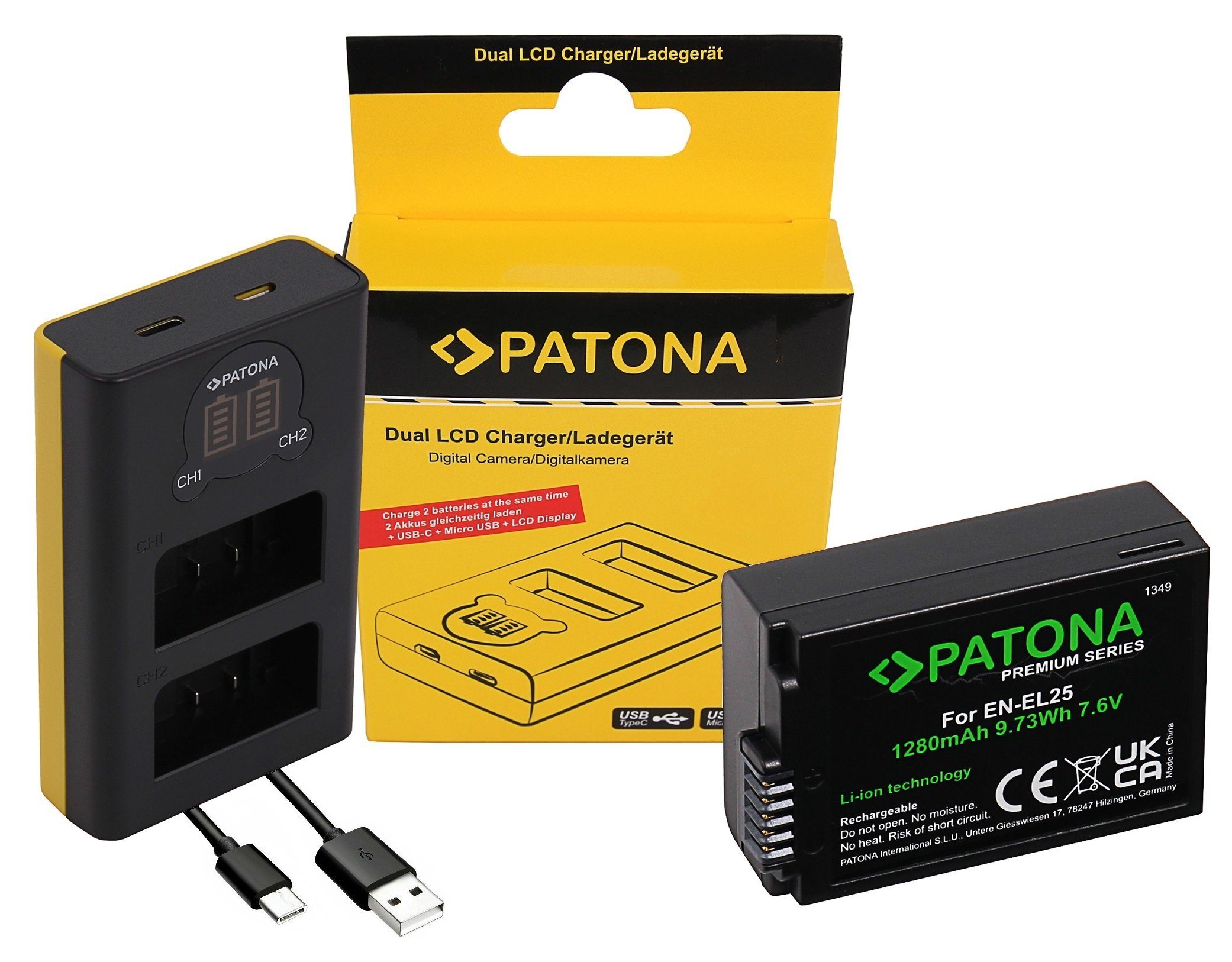 Patona 2in1 Zubehör Set für die Nikon Z 50 und Nikon Z fc Kamera-Akku EN-EL25 1280 mAh, Dual Ladegerät mit USB-C Anschluss