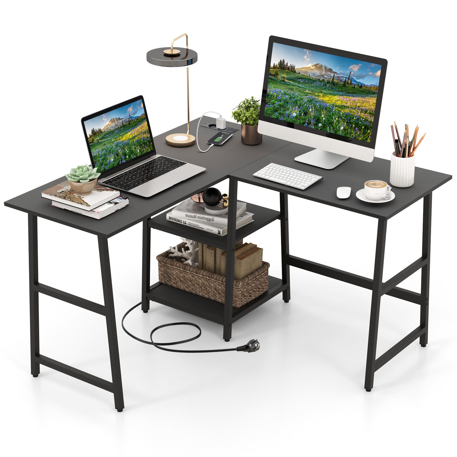 COSTWAY Eckschreibtisch, mit 2 Ablageflächen, Steckdosen & USB-Anschlüssen