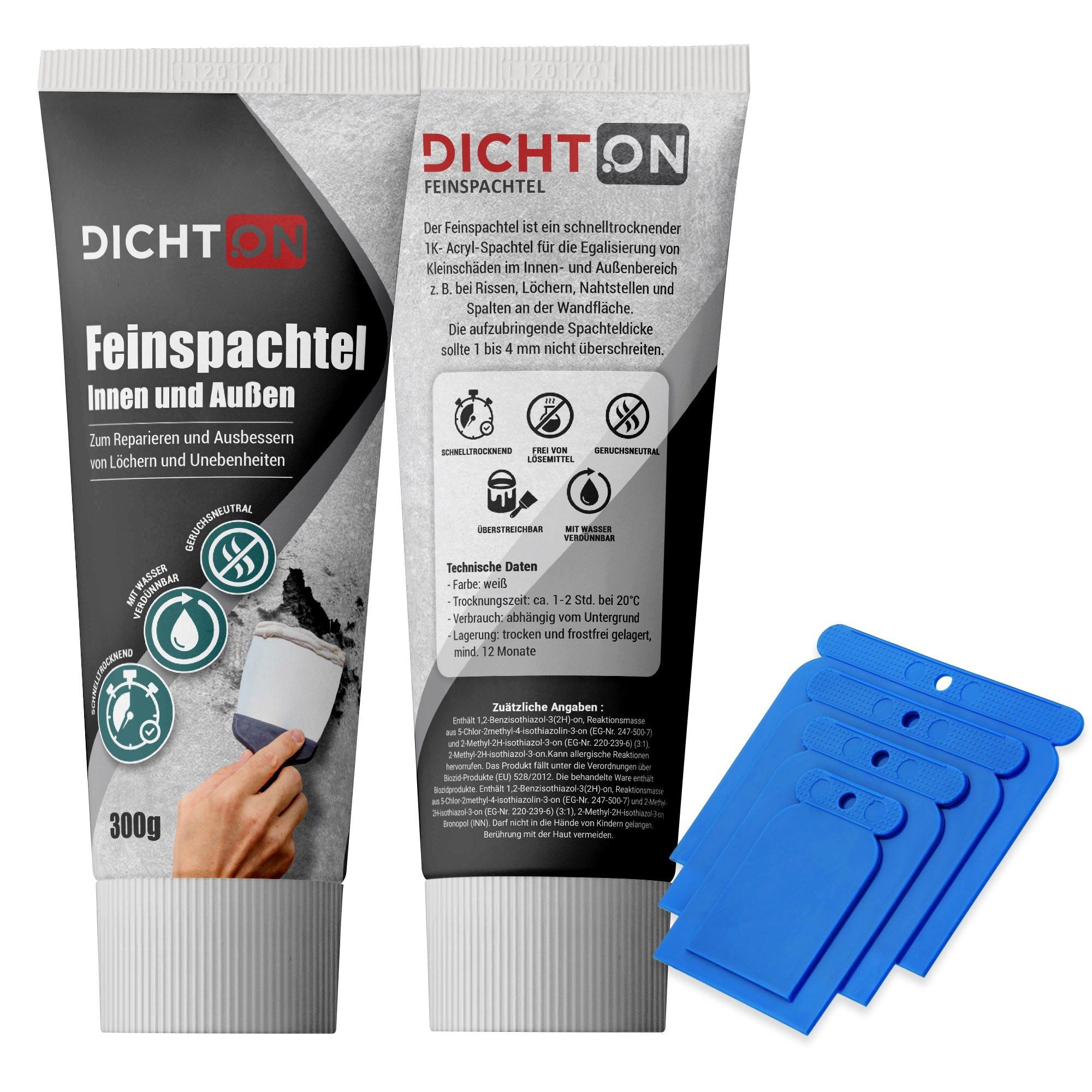DICHTON Spachtelmasse D.60W Feinspachtel, 300g zum reparieren & ausbessern inkl. Japanspachtel