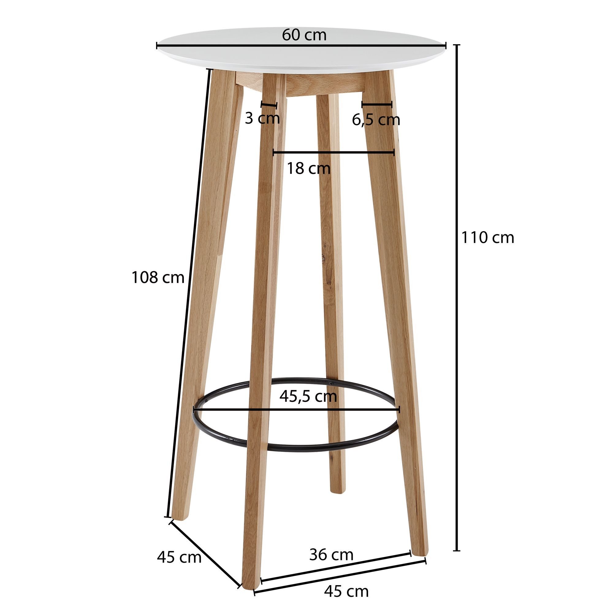 FINEBUY Bartisch FB19388 Stehtisch 60x110x60cm Weiß Skandinavisch Eiche Tisch (Partytisch Skandinavisch, Bistrotisch Messetisch), 60x110x60 cm Weiß Rund, Bartisch für 4 Personen