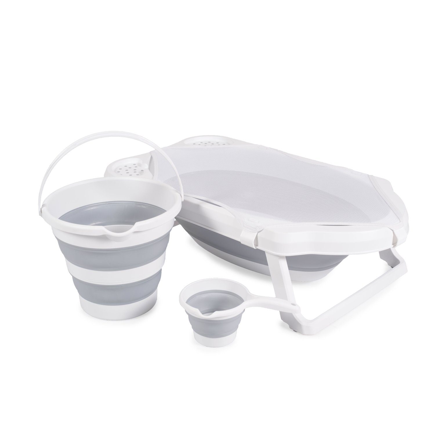 Cangaroo Babybadewanne Hawaii Netz faltbar Badewannen-Set 4-teilig Wasserablauf grau Ablagefächer 4-teilig