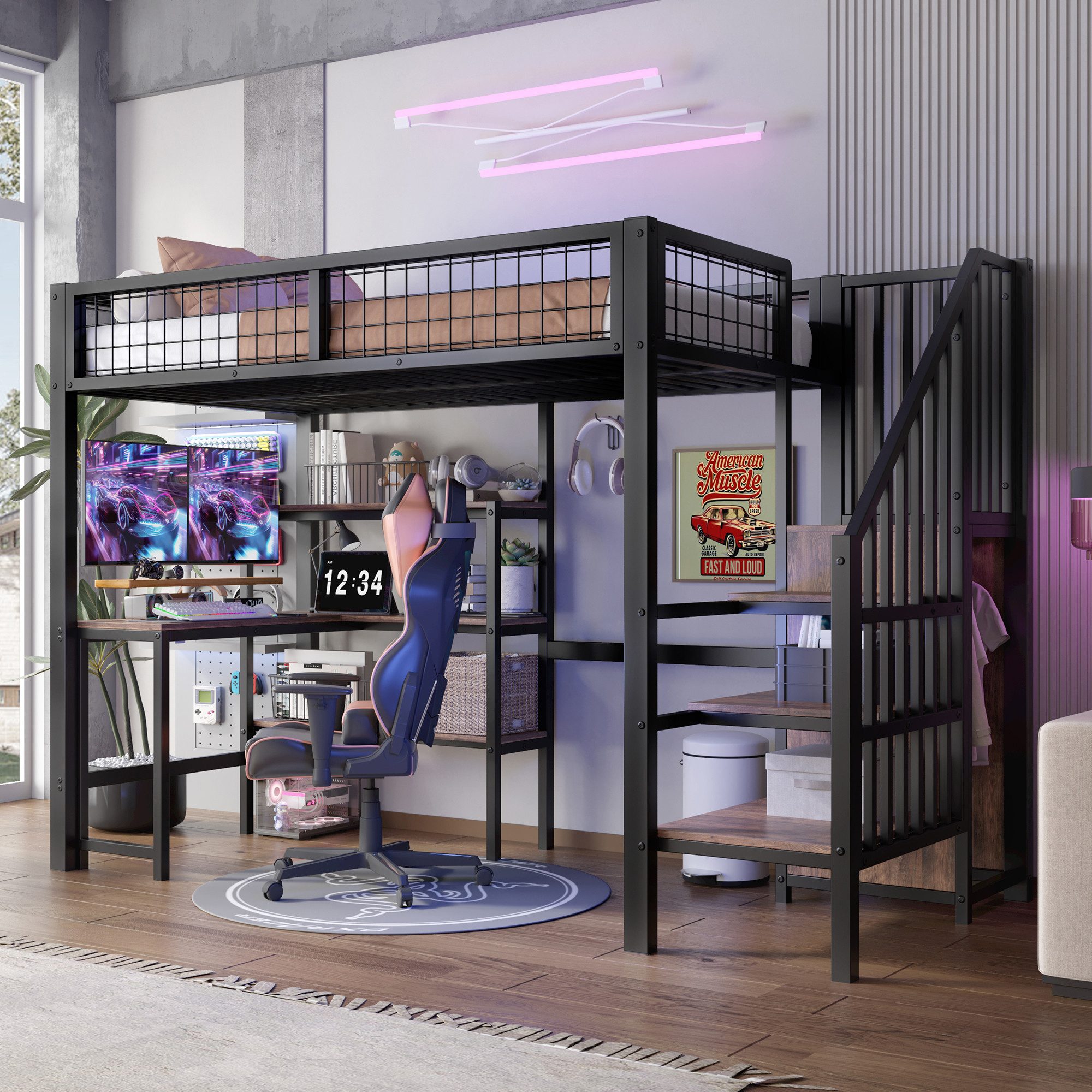 REDOM Kinderbett Funktionsbett Hochbett Metallbett Gästebett Jugendbett Eisenbett (aus Eisen mit Schreibtisch und Einbauschrank – ideal für Kinderzimmer und Studenten, platzsparendes Loft-Design, 90x200cm), ohne Matratze