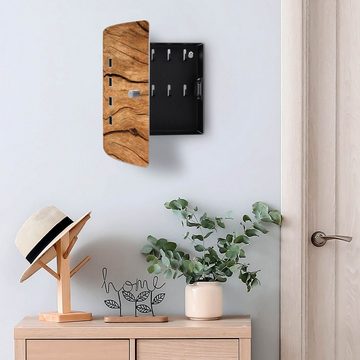 banjado Schlüsselkasten Edelstahl Trockenes Holz (verstellbarer Magnetverschluss, mit 10 Haken), 24 x 21,5 x 7 cm