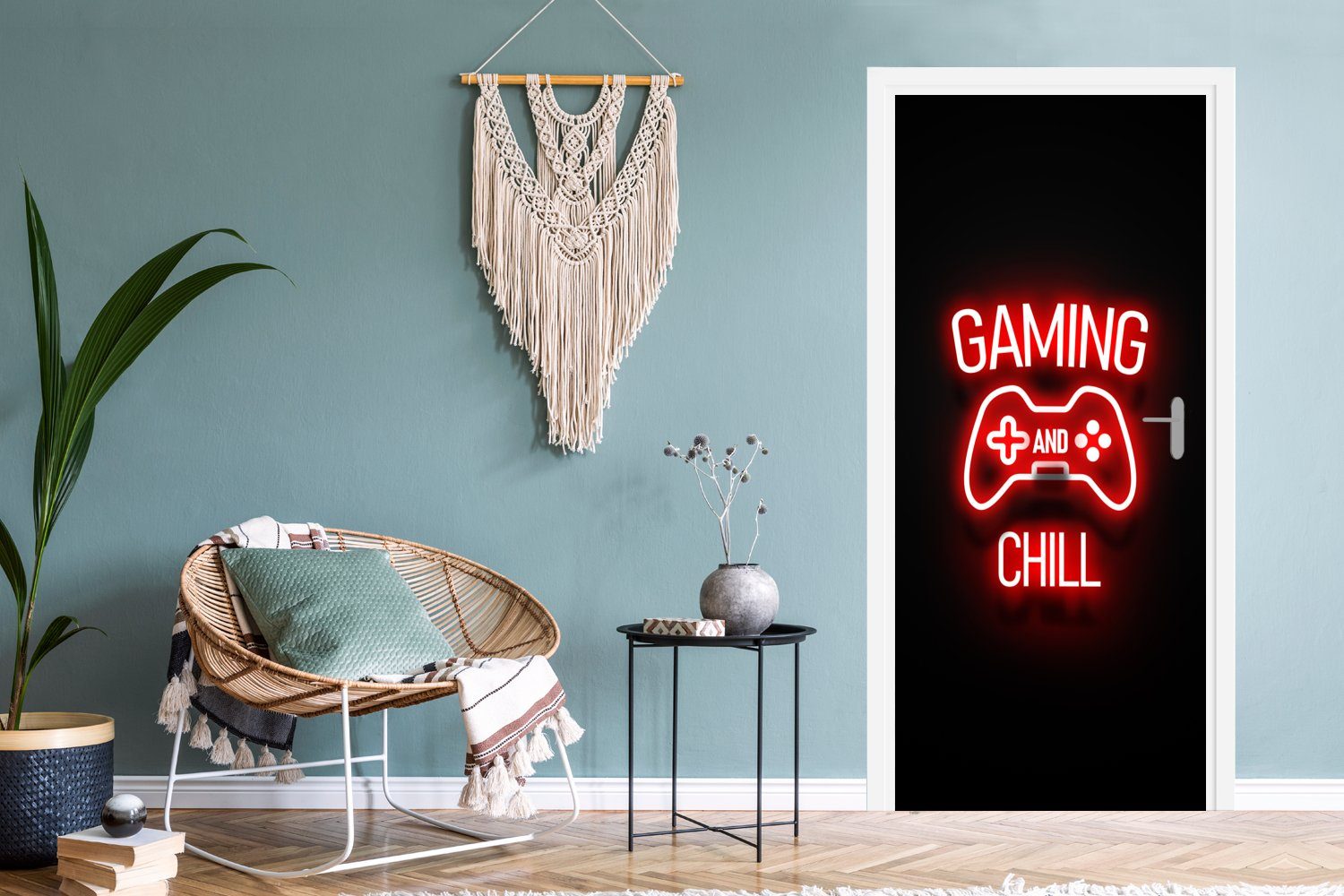 75x205 St), cm bedruckt, für - (1 Chillen Matt, Fototapete Rot, Zitate Gaming Neon - Türaufkleber, und Türtapete - - Gaming Tür, MuchoWow