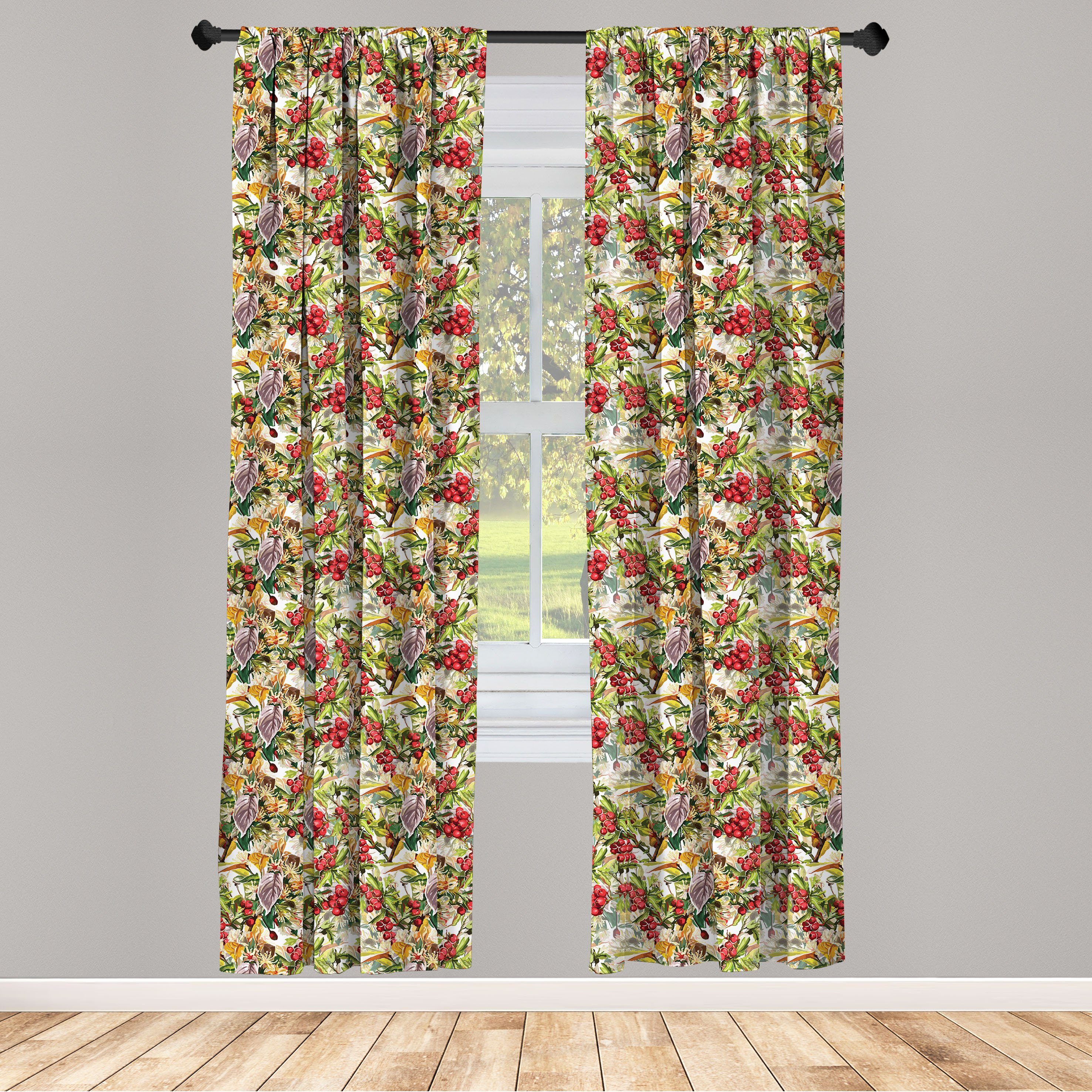Gardine Vorhang für Wohnzimmer Schlafzimmer Dekor, Abakuhaus, Microfaser, Eberesche Blumen-Beeren Rustic Art