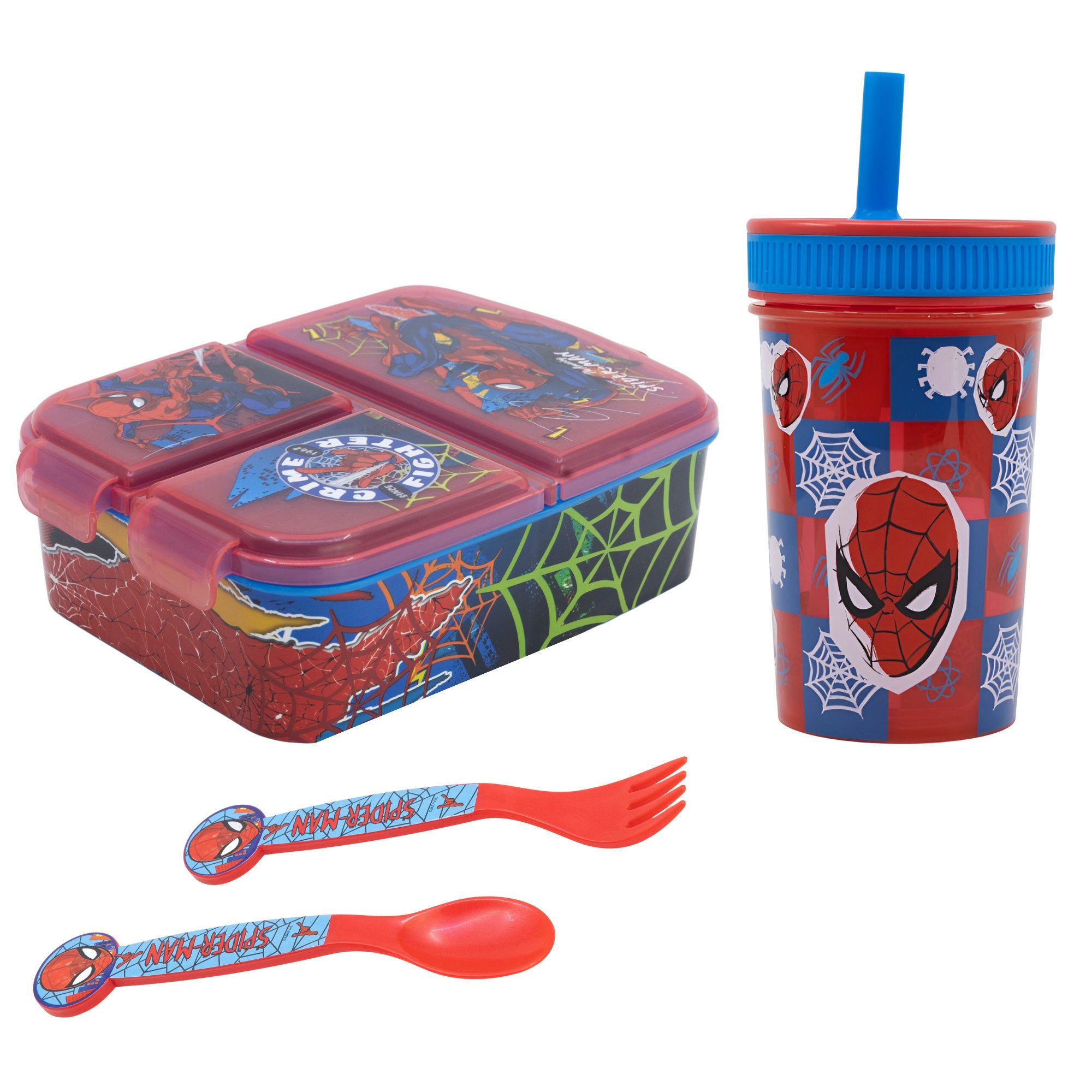 Lunchbox Marvel Spiderman 4 teiliges Kinder Set Brotdose Becher Besteck