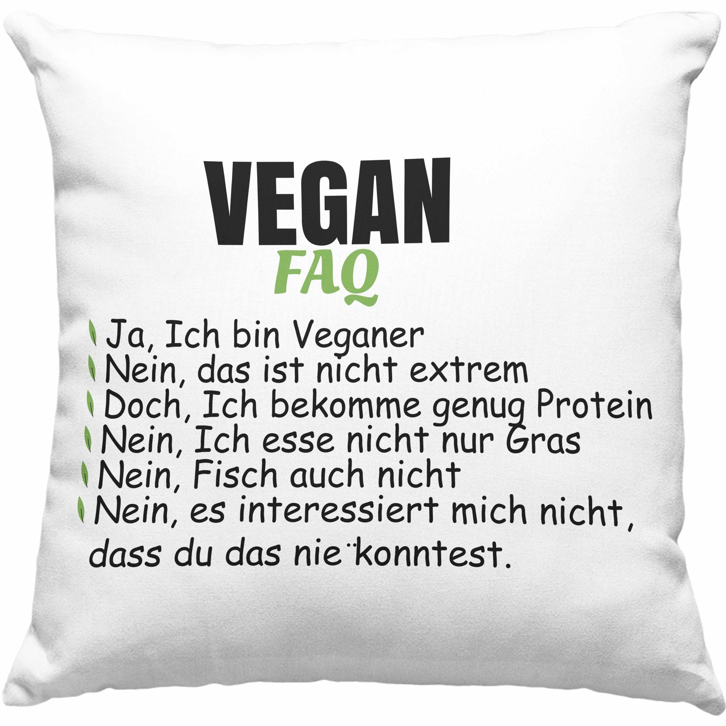 Trendation Dekokissen Trendation Kissen Vegan Spruch 40x40 Lebensweise Geschenk - mit Veganer Geschenkidee FAQ Lustiger Dekokissen Füllung Vegane Spruch Grau