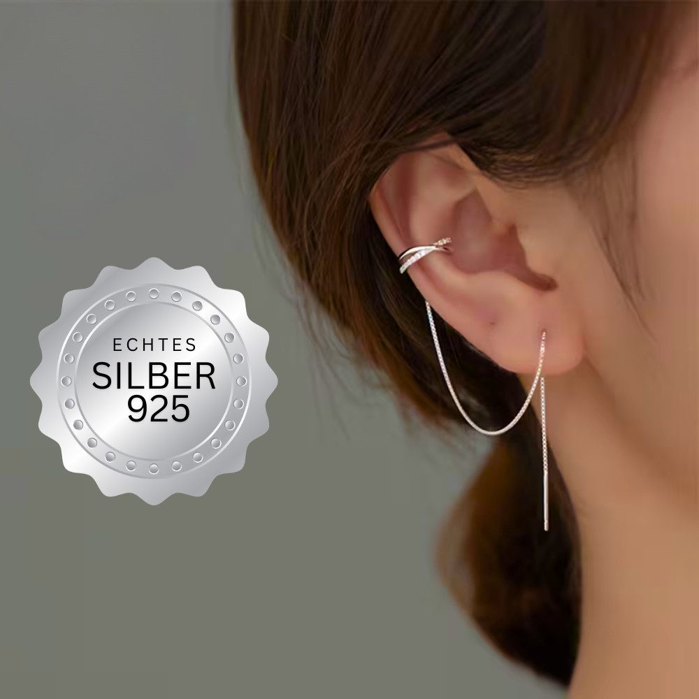 XCOAST Ohrklemme Ear Cuff Kreuz 925 Silber – Nova Cross Ohrklemme Damen Minimalistisch (Paar, 1-tlg., Besonderer Stil mit Kette), kein Piercing erforderlich, verstellbarer Ear Cuff, hypoallergen