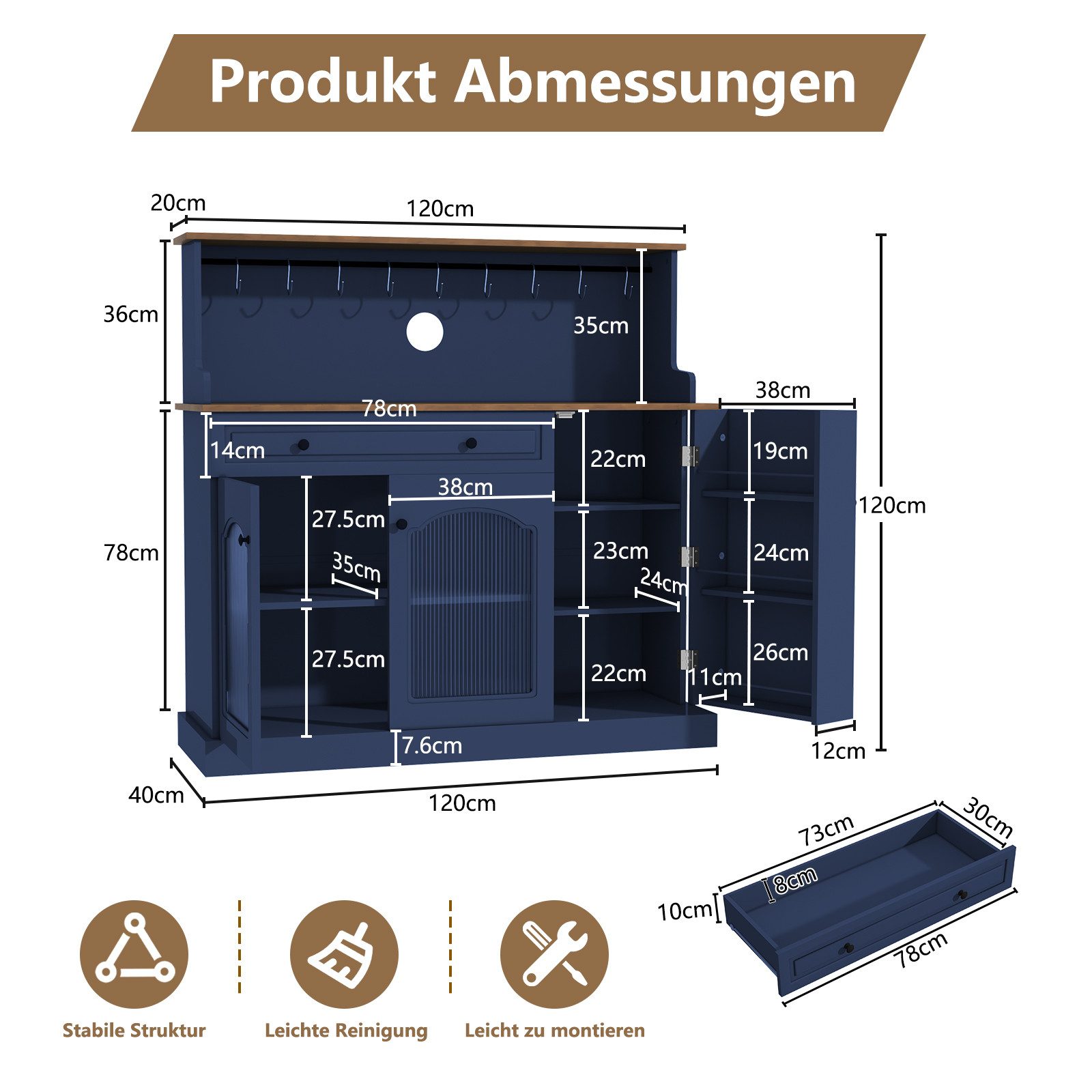 HOLTICO Sideboard Küchenschrank mit Arbeitsplatte, Küchenbuffet Buffetschrank (1 St), Weinschrank mit Schublade und Oberer Ablage