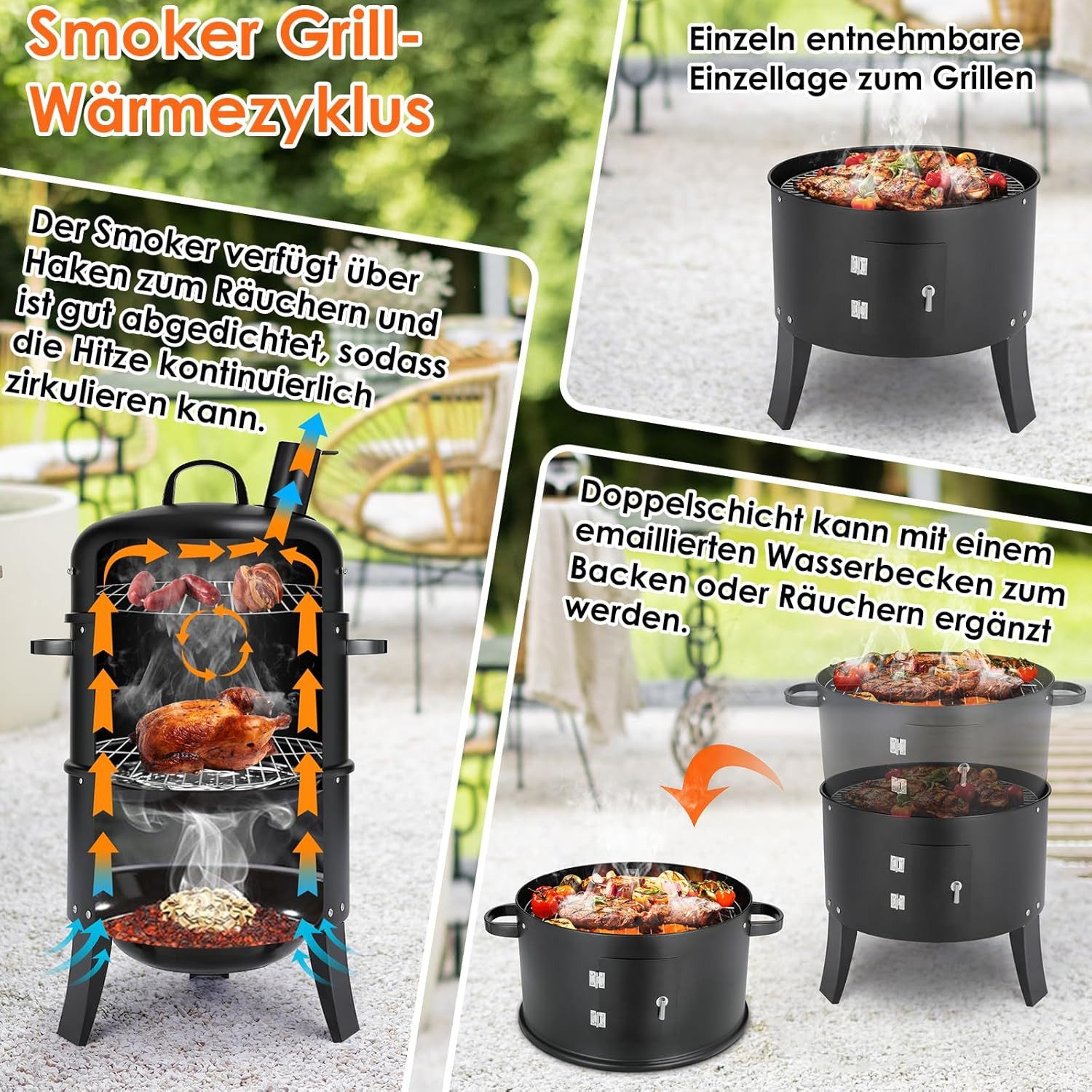 TLGREEN Smoker Räucherofen, 3 in 1 Smoker Grill, Holzkohlegrill, Räuchertonne Räuchergrill Watersmoker, Ø44,5x80 cm