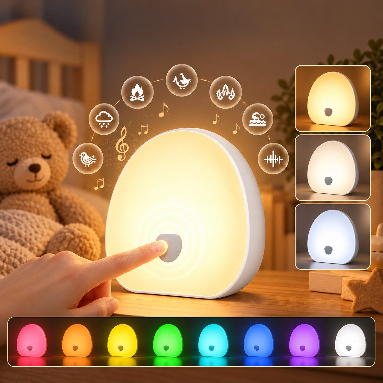 Vornix LED Nachtlicht LED Tischlampe Nachttischlampe, 3 Lichtfarben, Touch & Fernbedienung, Weißes-Rauschen-Nachtlicht mit 10 beruhigenden Klängen, dimmbarem RGB-Licht, 15/30-Min.-Timer, Lautstärkeregelung & USB-C, für Babyzimmer und Schlafzimmer