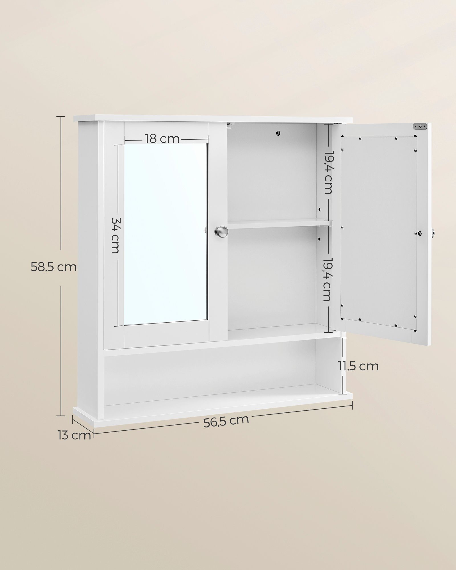 2 Regalebene VASAGLE verstellbare Spiegeltüren weiß und Ablage, Spiegelschrank