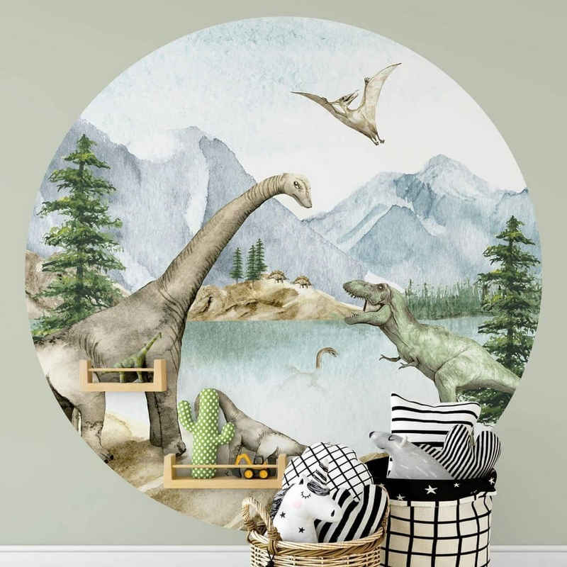 K&L Wall Art Fototapete »Fototapete Baby Kinderzimmer Dinosaurier T-Rex Dinos Vliestapete rund«, große Kinder Motivtapete
