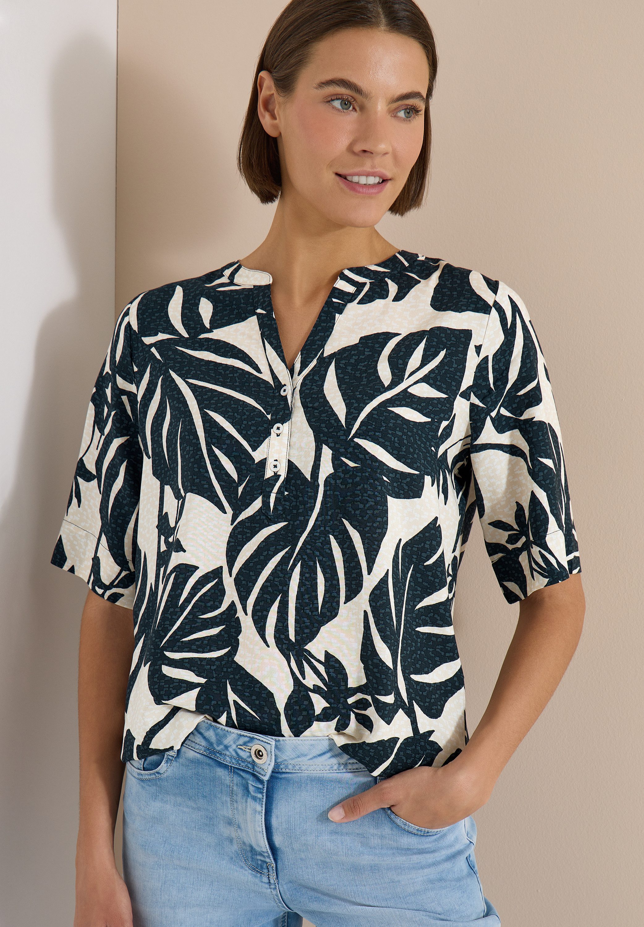 CECIL Shirtbluse Kurzarm Sommerbluse mit Split Neck