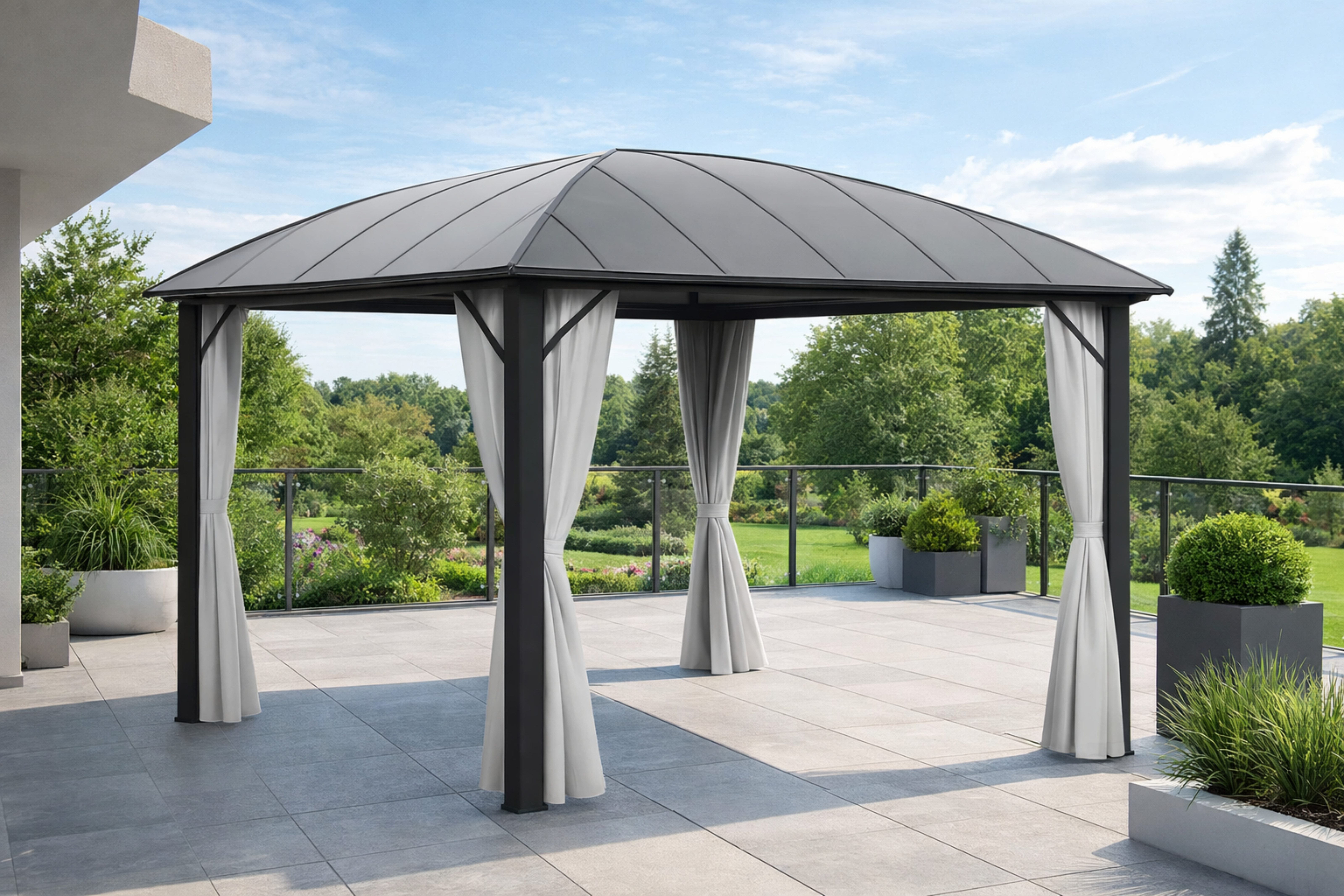 Leco Pavillon Kuppeldachpavillon mit Stegplatten 3,65x3,65 m, mit 4 Seitenteilen, 365x365cm