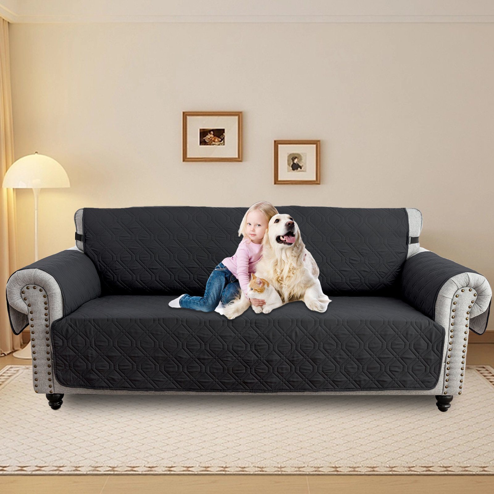 Rabatt Sofabezug Wasserdicht Couch Sesselbezug Armlehnenauflage Schutz Sunicol, Sesselschoner Überwurf Sofa Haustier Gesteppter 1-3Sitz, Anti-Rutsch Hunde Schwarz