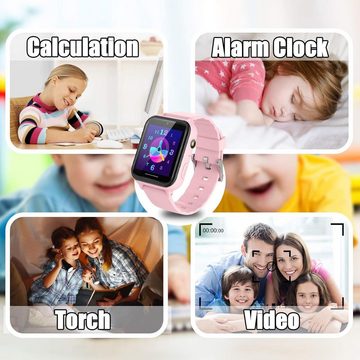 PTHTECHUS für Kinder Jungen und Mädchen Rechner Schrittzähler Taschenlampe Smartwatch, mit Zwei Wege Telefon SOS Spiel Musik MP3 Video Player HD SelfieKamera