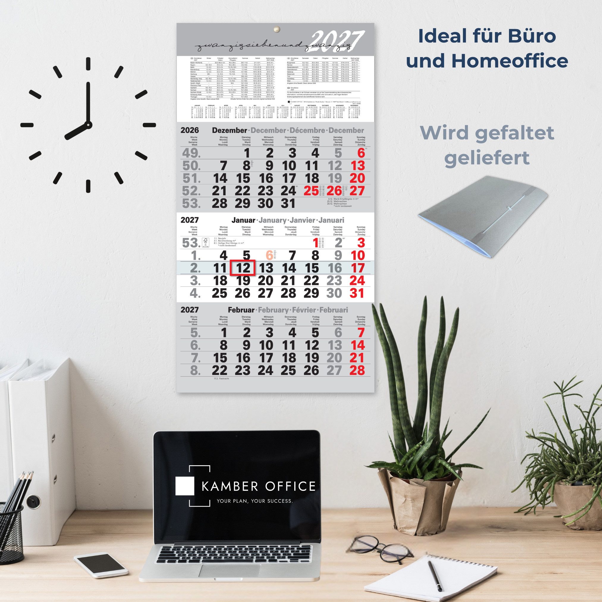 Kamber Office Wandkalender 3 Monatskalender 2027 mit Schieber Büro Kalender "Light Grey", Großer Kalender 2027, Dreimonatskalender 2027 groß mit Datumsschieber  – Bild 2 von 5