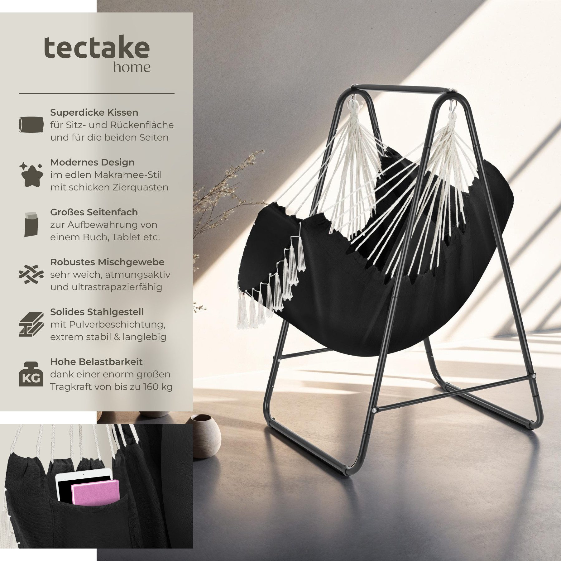 tectake Hängesessel Schaukelstuhl Alison, Boho-Style, Belastbarkeit günstig online kaufen