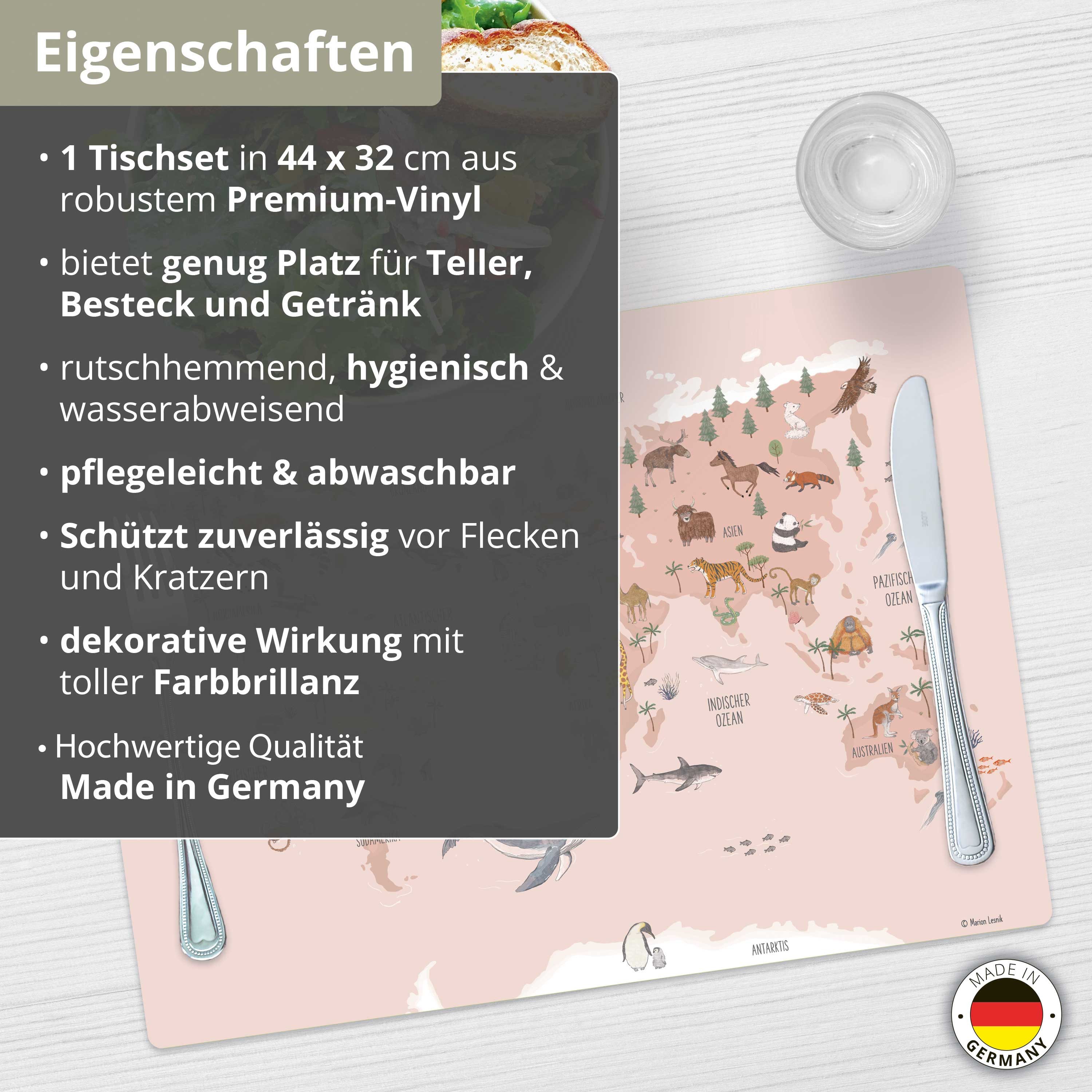 scriptum Platzset für Kinder - „Weltkarte Tiere rosa deutsch" - aus Premium Vinyl, (44x32 cm - rutschhemmend, abwaschbar, 1-St), Made in Germany – Bild 4 von 5