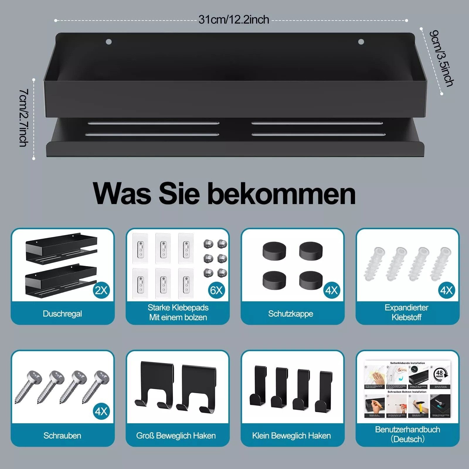 LA CUTE Duschregal Duschablage Edelstahl Schwarz, ohne Bohren, Badregal Set 2-teilig, Duschablagen-Set aus Edelstahl für Bad & Küche, bohrfrei, Rostfrei, selbstklebend oder bohren, hohe Tragkraft bis 10 kg