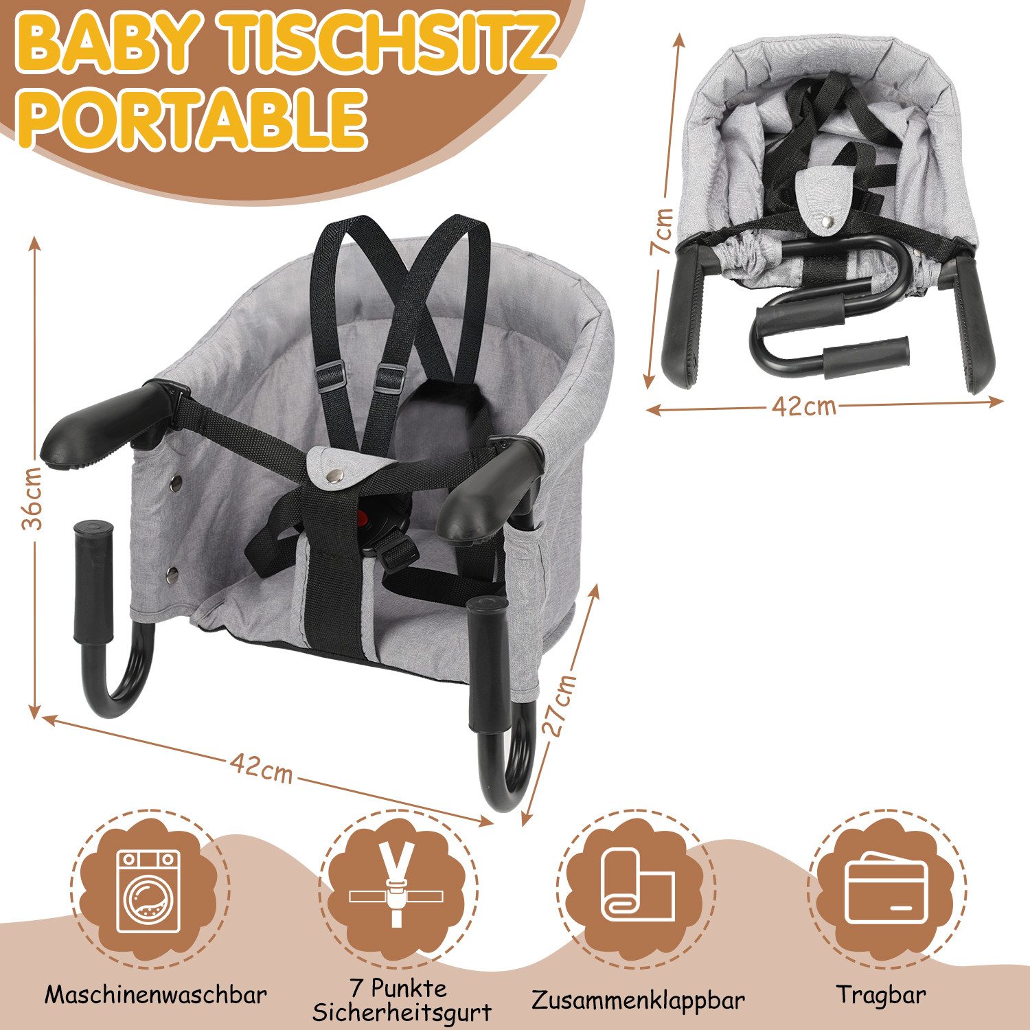 Clanmacy Tischsitz Tischsitz Baby klappbar bis 18 kg mit 7-Punkt-Gurt und Tasche Grau, mit 7-Punkt-Gurt