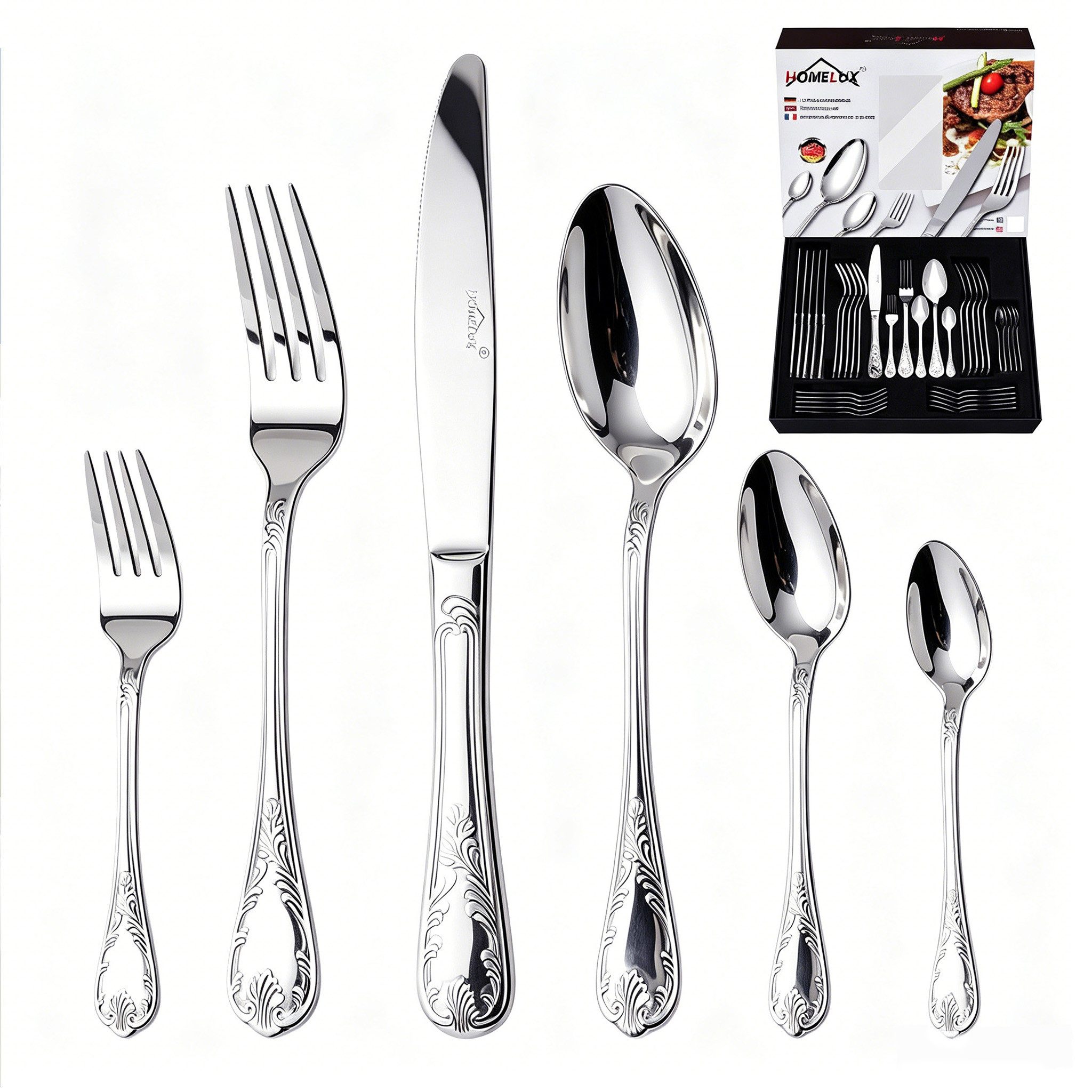 HOMELUX Besteck-Set Besteck set elegante Optik, ergonomische Haptik, Wellenschliff-Messer (72-tlg), 12 Personen, Edelstahl, Spiegelpoliert,spülmaschinengeeignet,hochwertiger Besteckkasten
