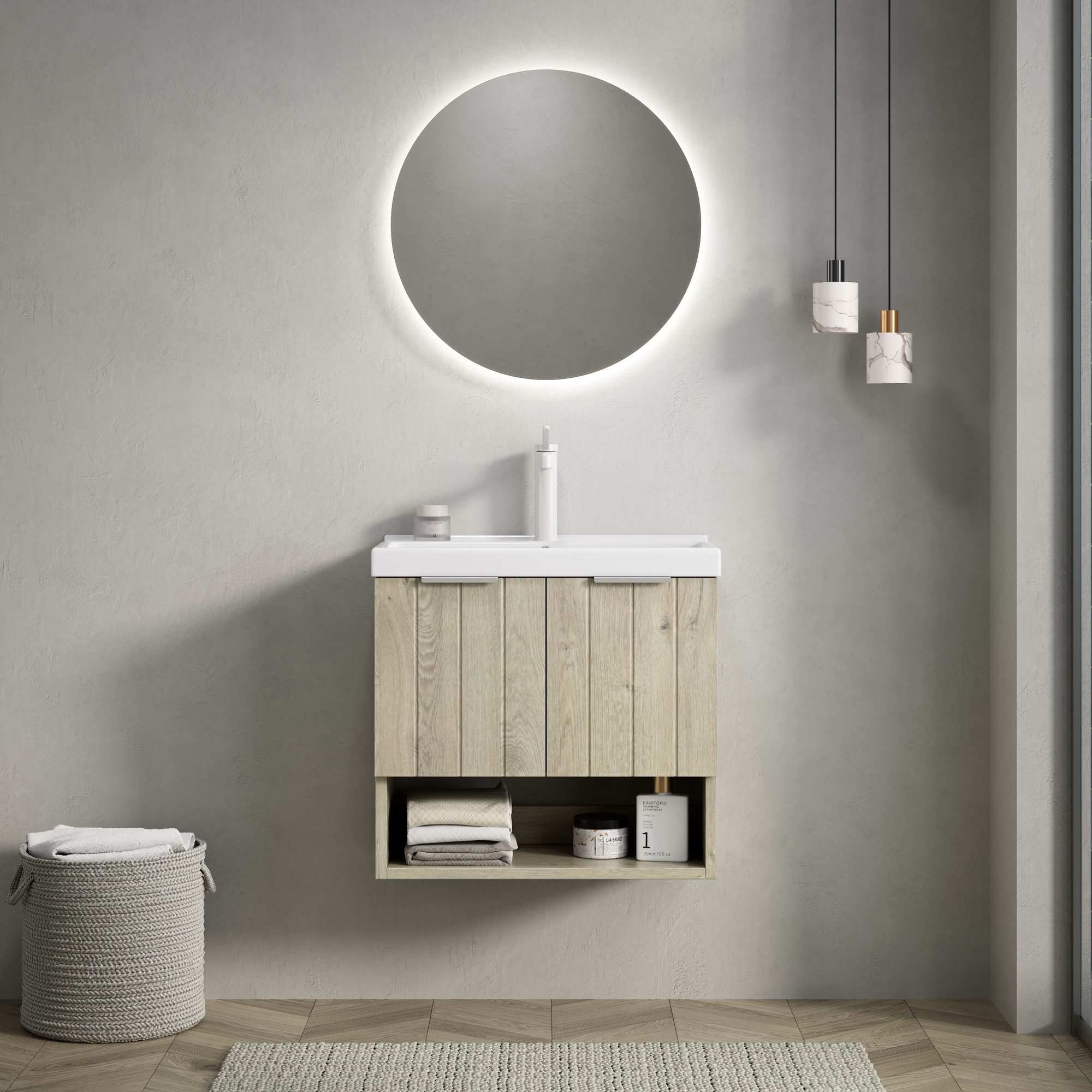 IDEASY Waschbecken 55cm Wand-Waschtisch mit Keramikbecken & Schrank