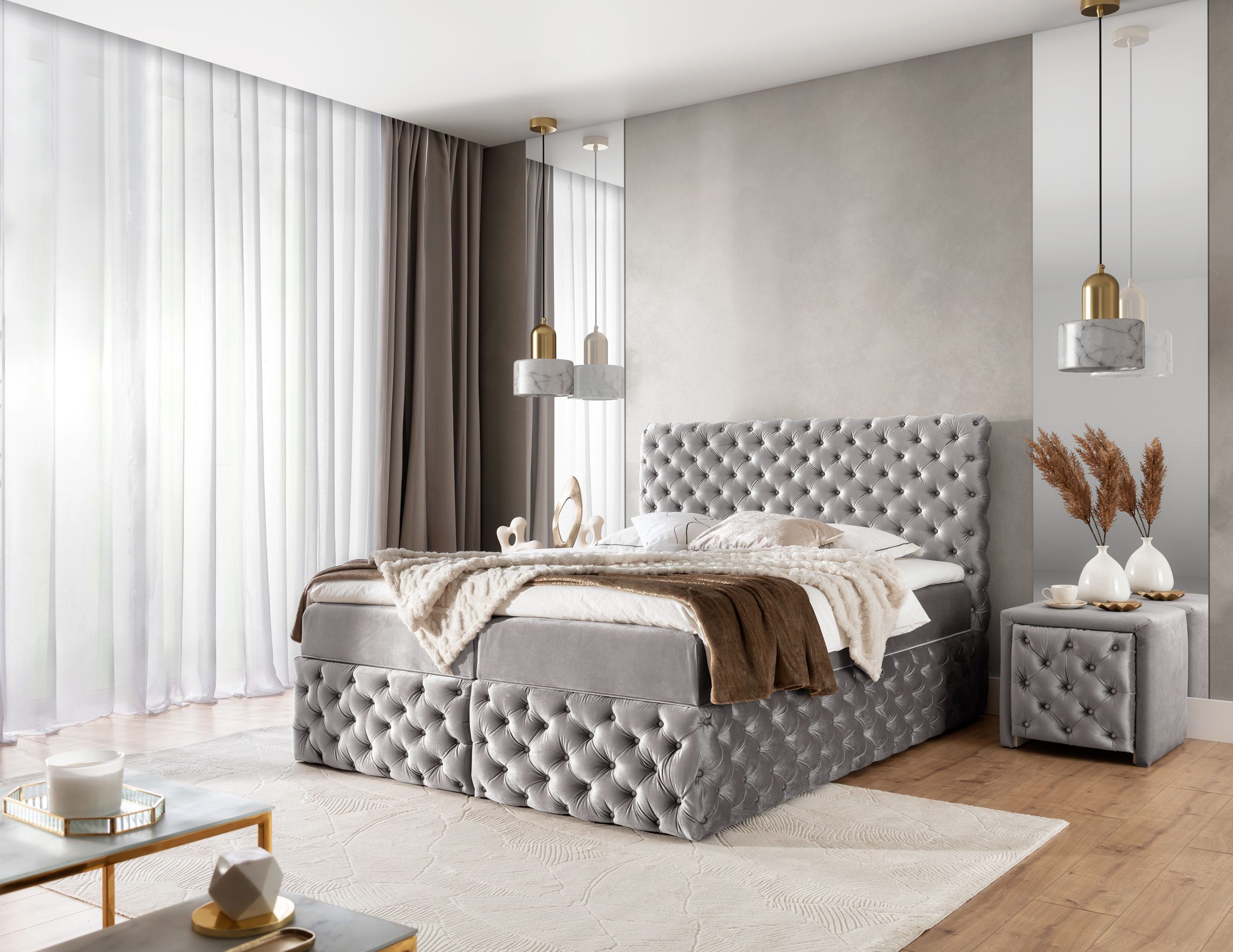 yourhouse24 Boxbett Castel im Chesterfield-Stil (mit zwei Bettkästen, Bonell-Matratze und Topper), Doppelbett, Polsterbett mit Kopfteil, Boxbett