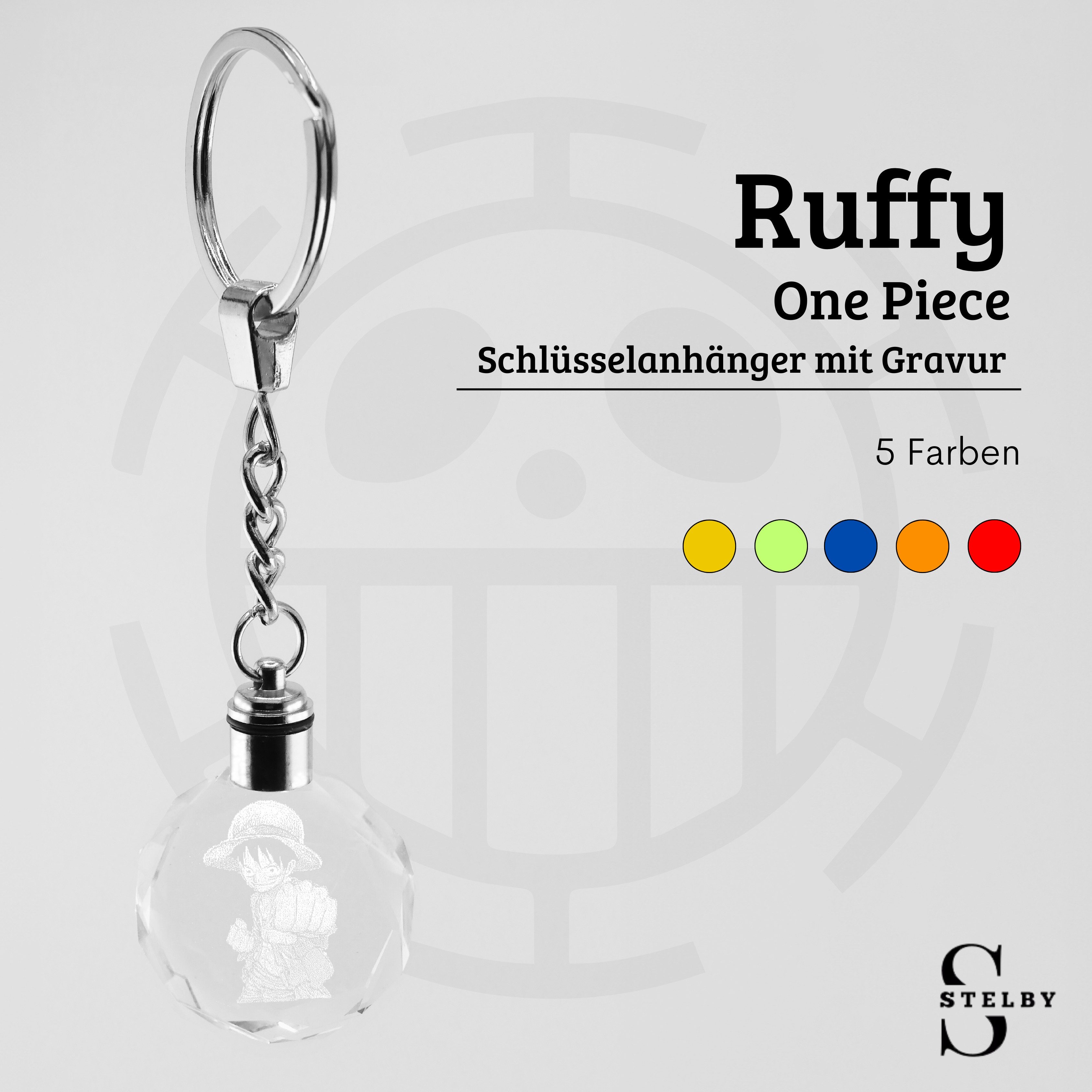 Stelby Schlüsselanhänger mit Gravur OnePiece Schlüsselanhänger Ruffy Multicolor LED mit Geschenkbox (Perfekt für Geburtstage und Weihnachten, 1-tlg., Robustes Glasmaterial, leuchtet in 5 Farben), Farbwechsel, langlebig, modernes Design