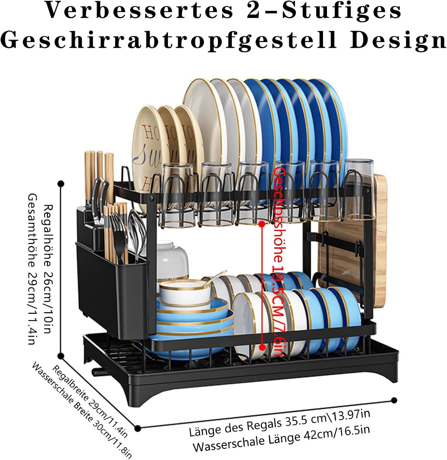 BlingBin Geschirrständer Abtropfgestell Geschirr,Geschirr Abtropfständer mit 360° Ablauf, Küchentheke Organizer mit Utensilienhalter für Geschirr, Tassen – Bild 4 von 5