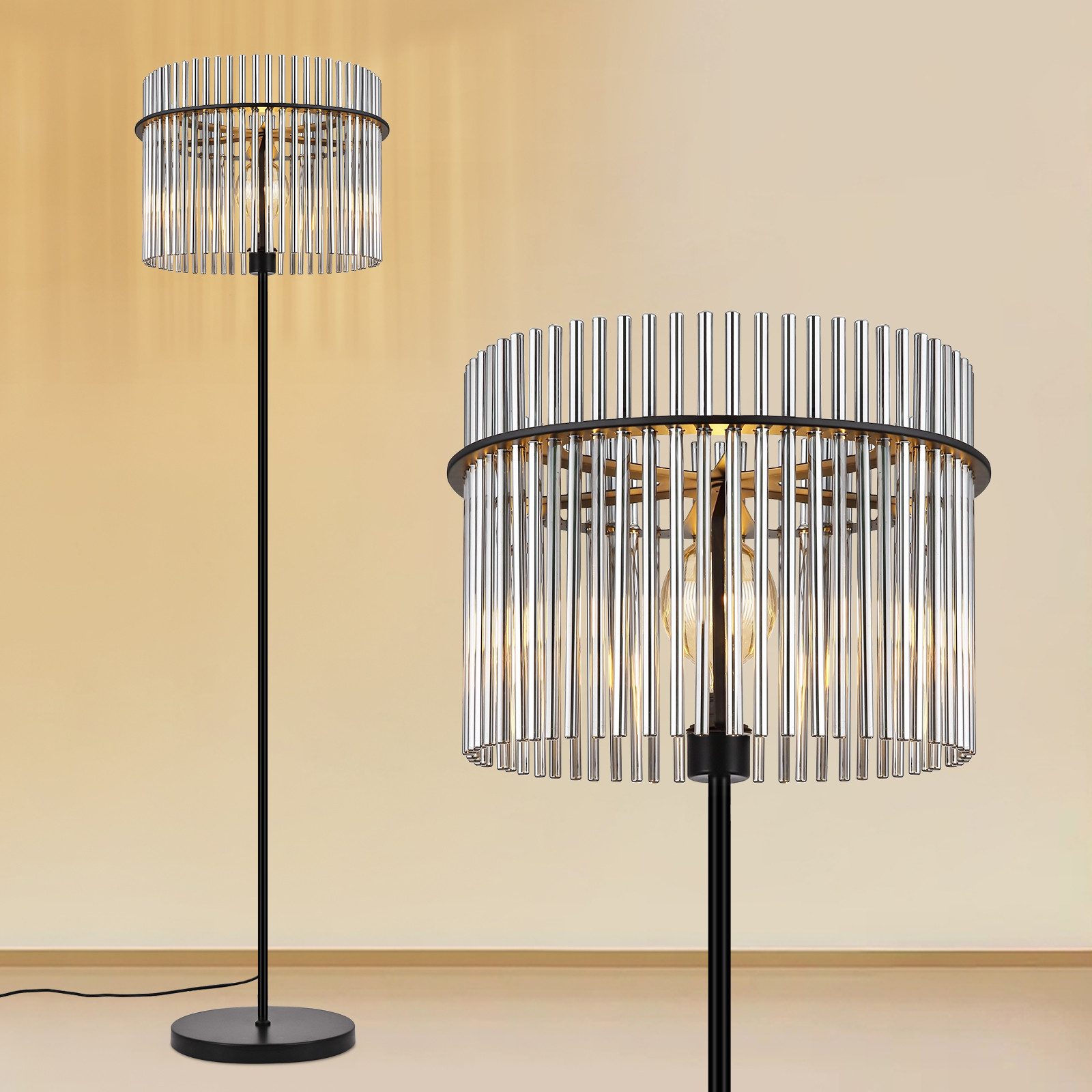 Nettlife Stehlampe Schwarz Modern Glas & Fußtaster E27 Standleuchte als Leselampe, ohne Leuchtmittel, für Wohnzimmer, Schlafzimmer, Büro, Kinderzimmer