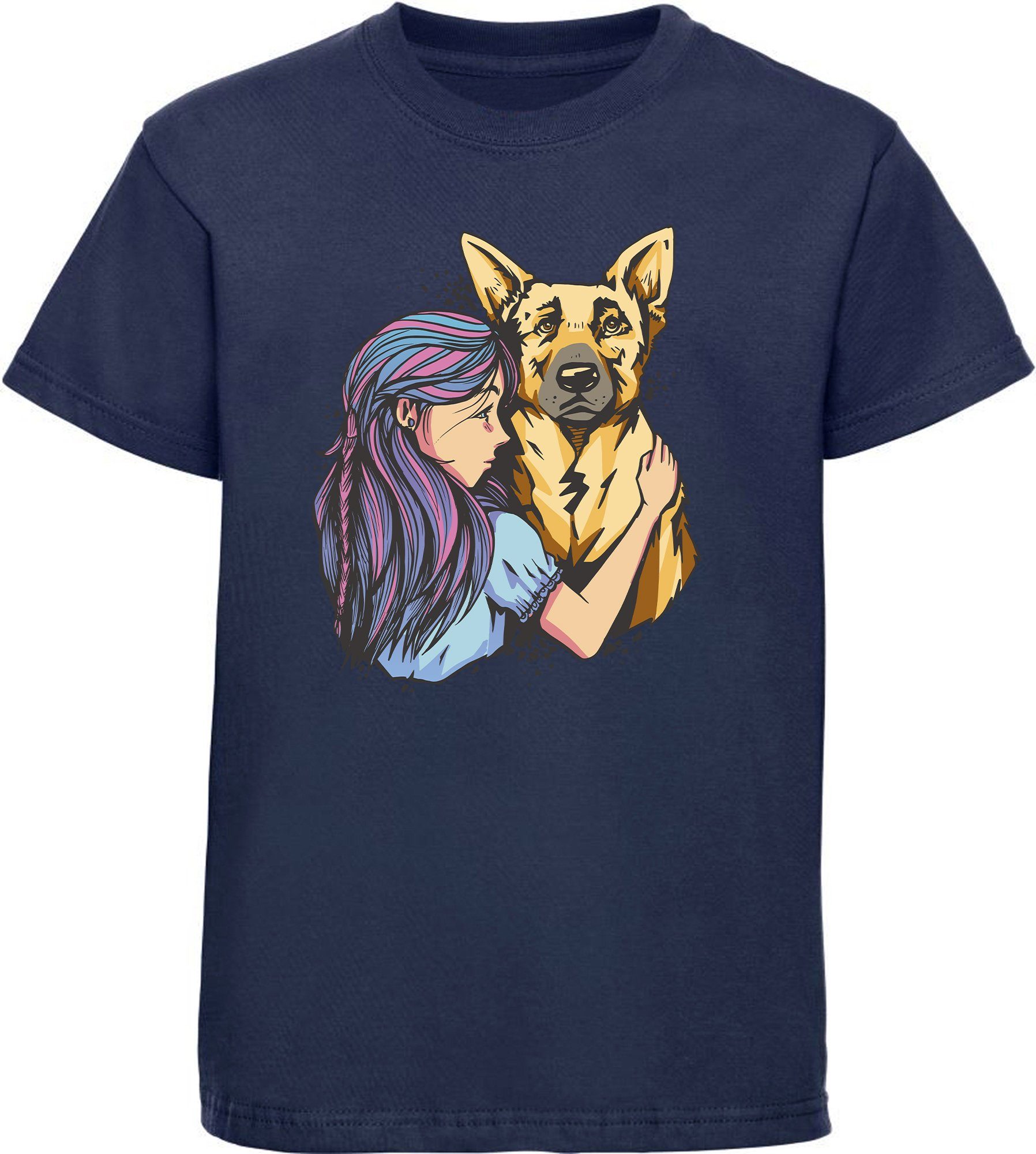 online MyDesign24 T-Shirt Kinder Hunde bedruckt Aufdruck, Schäferhund mit Shirt Mädchen Print blau - mit navy i258 Baumwollshirt