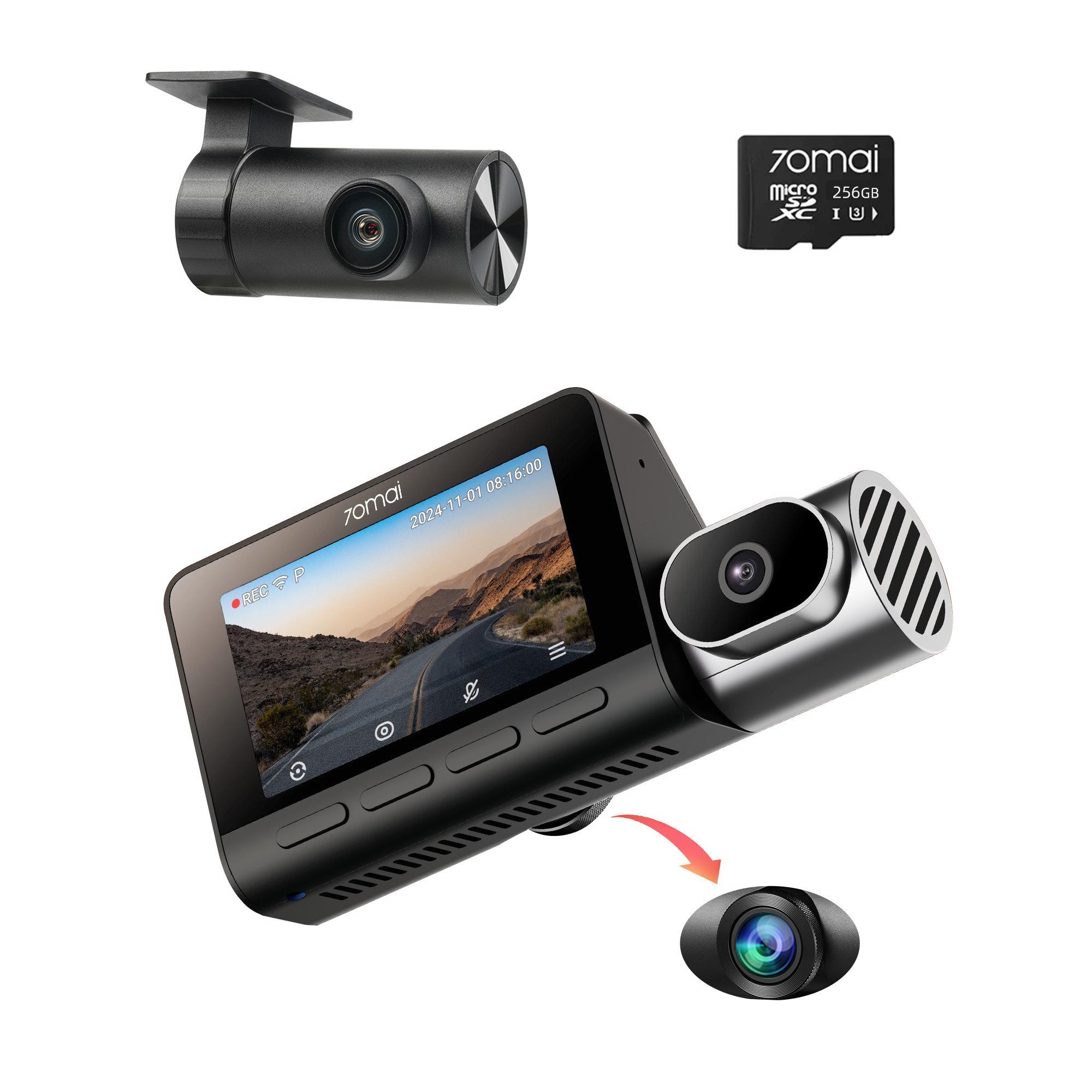 70mai T800-2 3-Kanal 4K + 1080P +1080P Dashcam (4K Ultra HD, Dashcam Auto Vorne Hinten Innen mit 216GB SD Karte, Superkondensator, Super Nachtsicht, G-Sensor, HDR, GPS)