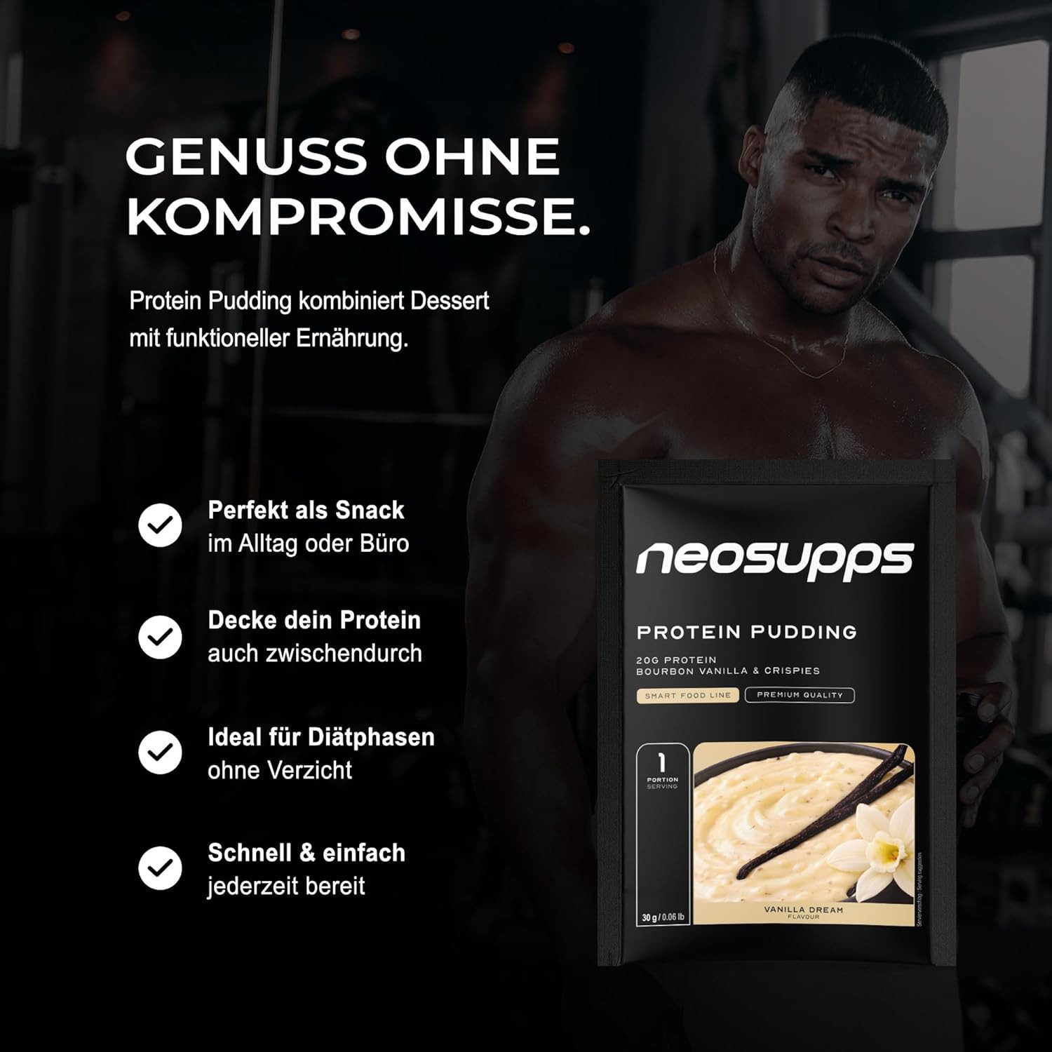 Neosupps Pudding Vanilla Dream, High Protein Dessert 15x30g, 20g Eiweiß Pulver, Wenig Zucker & Kalorien, cremiger Protein Snack mit Crispies