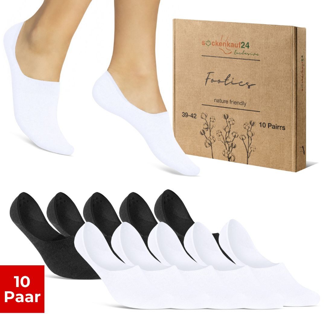 sockenkauf24 Füßlinge 10 Paar Premium Füßlinge aus gekämmter Baumwolle Damen & Herren (Schwarz/Weiß, 39-42) Sneaker Socken ohne drückende Naht (Exclusive Line) - 70103T WP