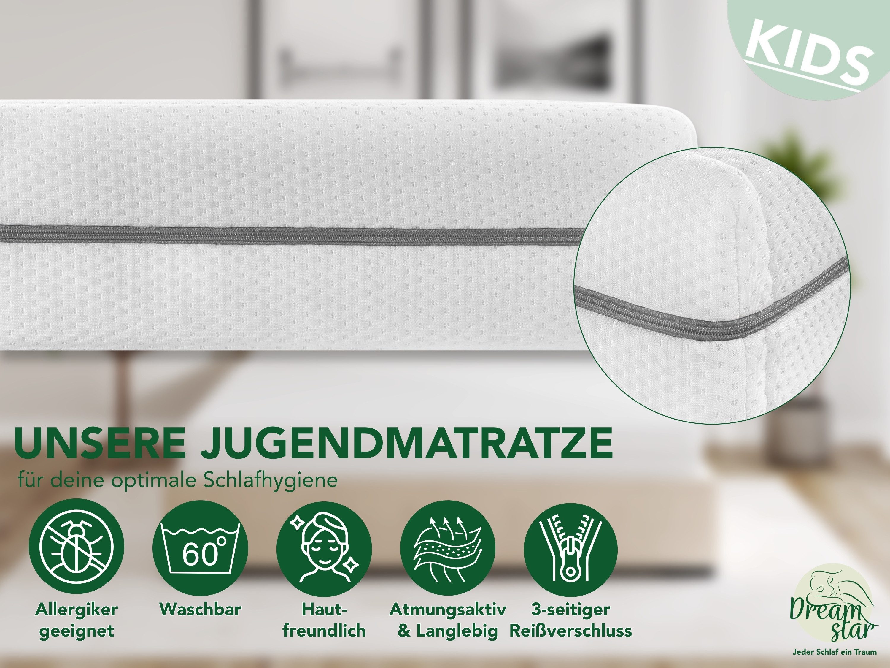Kindermatratze Babymatratze, Jugendmatratze, Atmungsaktiv & Waschbarer Bezug, Dreamstar, 13 cm hoch, ohne Spannbettlaken (60x120, 70x140, 80x160, 90x200, 120x200, 140x200)