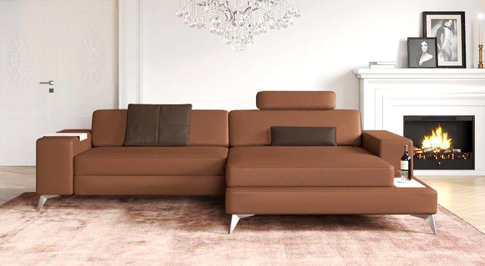 BULLHOFF Ecksofa Leder Ecksofa Eckcouch L-Form Designsofa LED Wohnlandschaft Leder XXL Sofa Couch Cognac Braun »MÜNCHEN IV« von BULLHOFF, Made in Europe