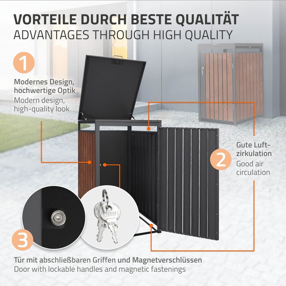ML-DESIGN Mülltonnenbox Müllbox aus Stahl wetterfeste Mülltonnen Verkleidung Mülltonnengarage, Mülltonnencontainer mit Klappdeckel/Tür für 1 Tonne 120 oder 240 Liter