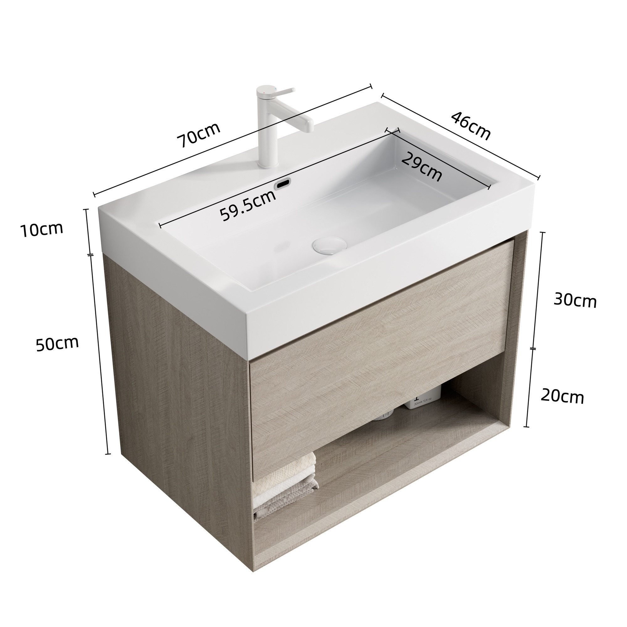 IDEASY Waschbecken 70cm Wand-Waschtisch Resinbecken +Schublade Eiche hell